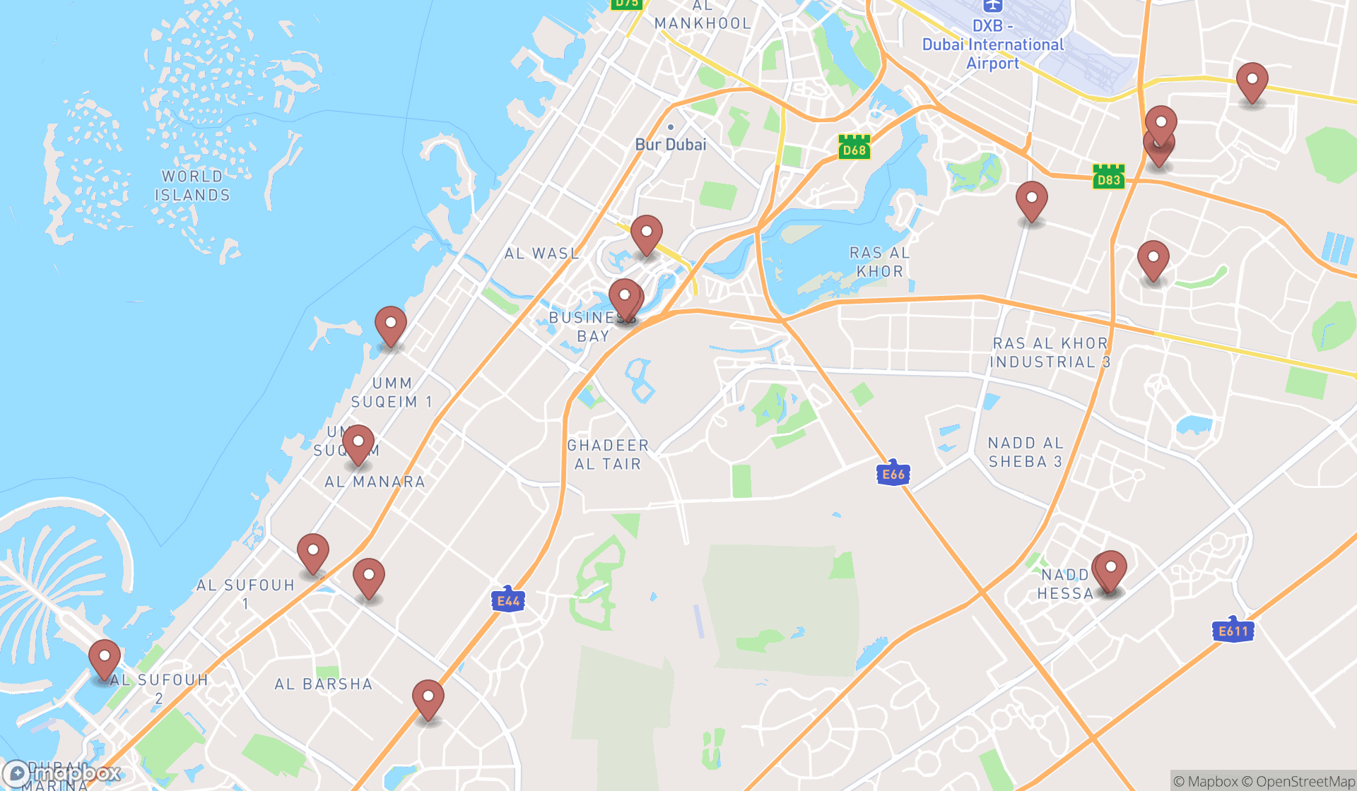 Map showing the search results in Dubai