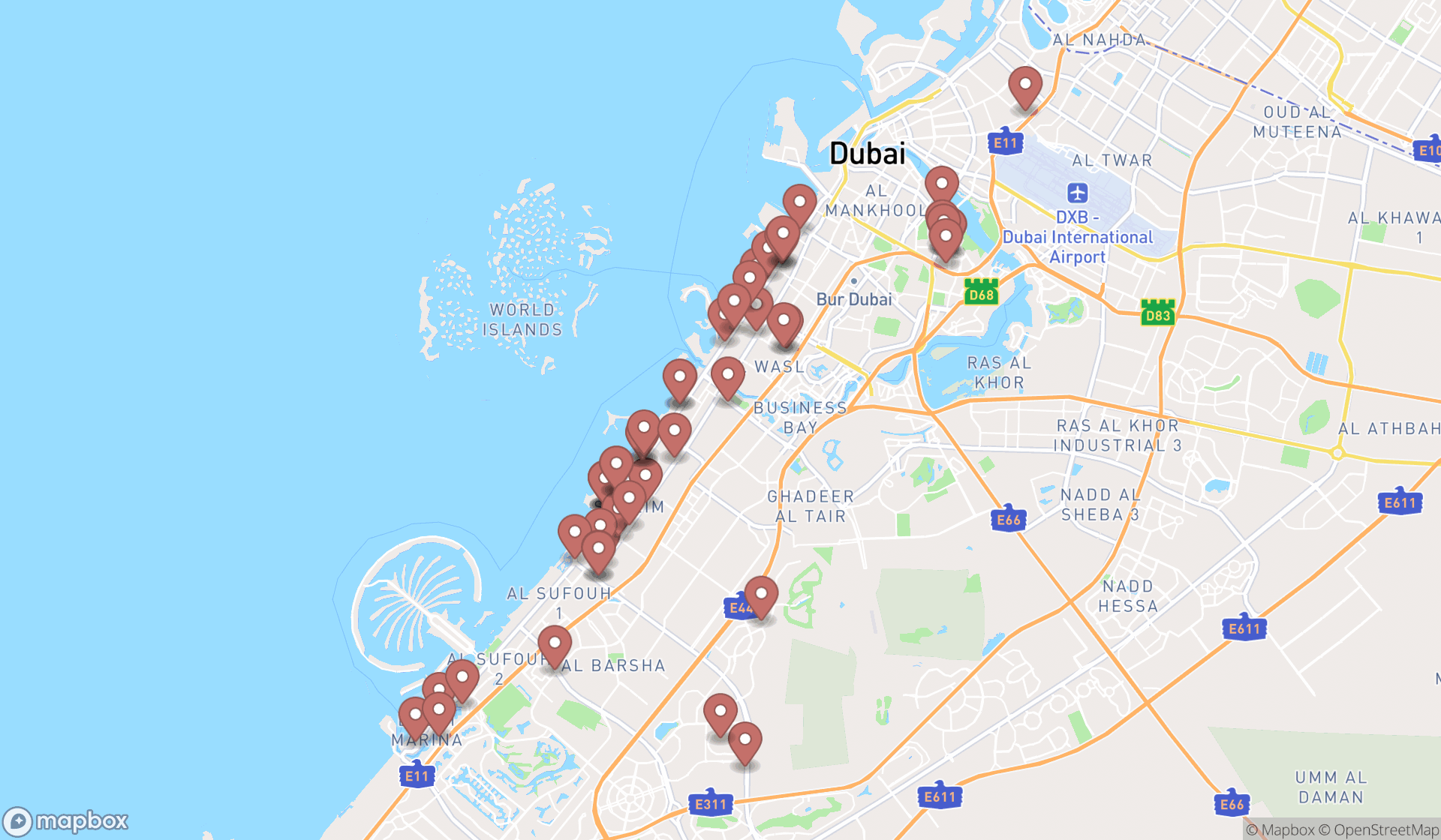Map showing the search results in Dubai