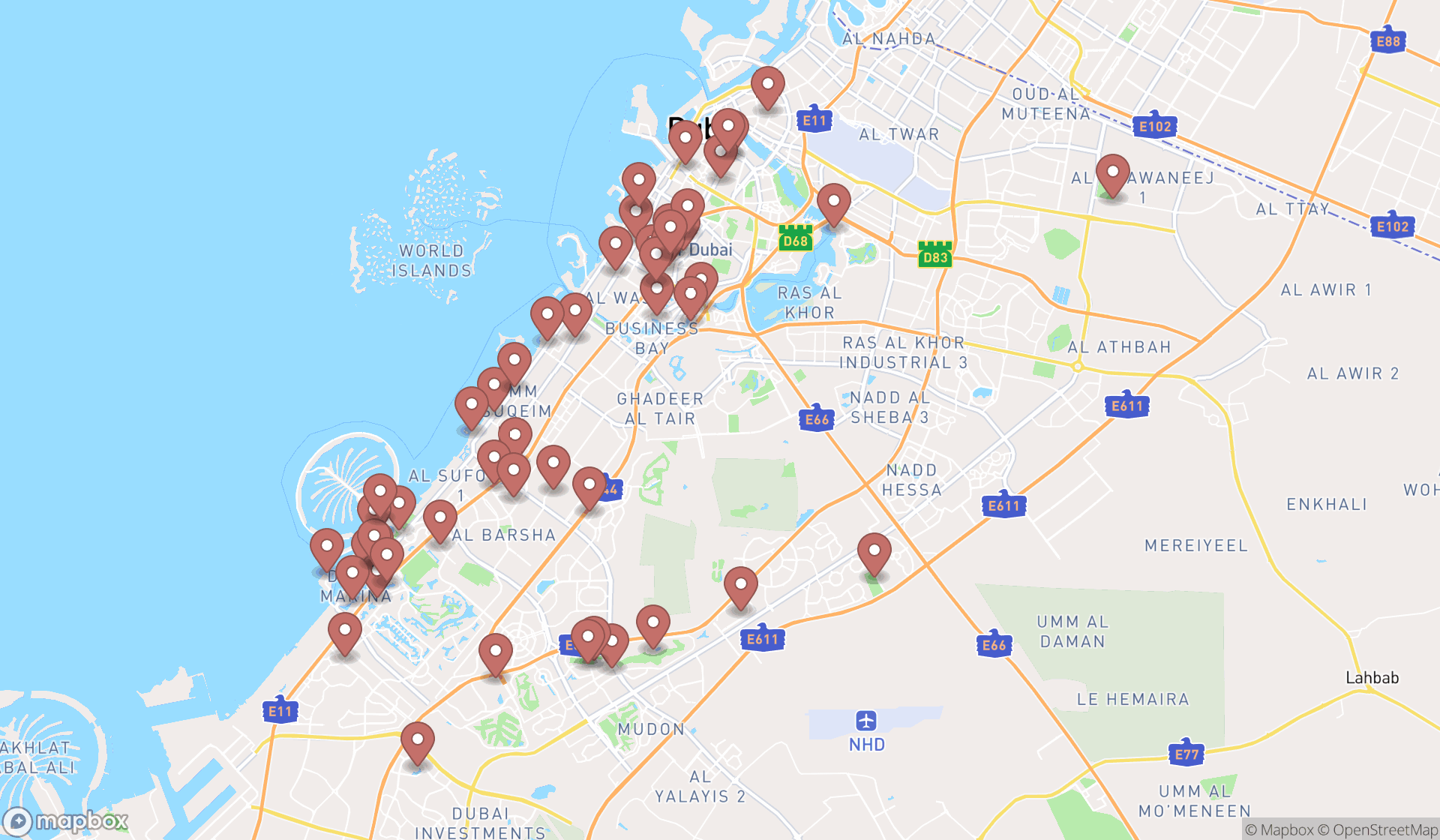 Map showing the search results in Dubai