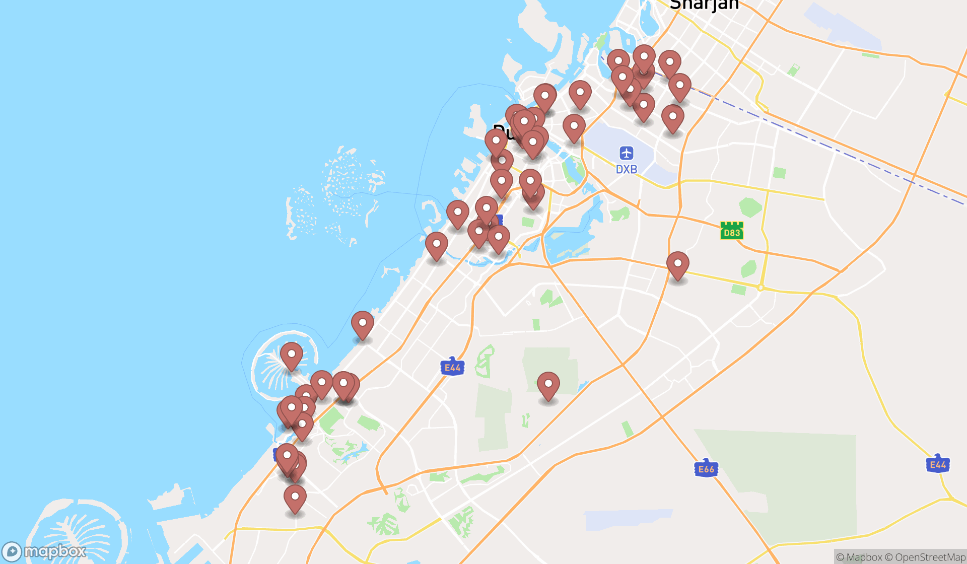 Map showing the search results in Dubai
