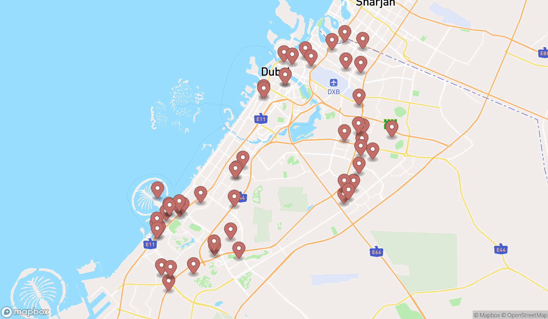 Map showing the search results in Dubai