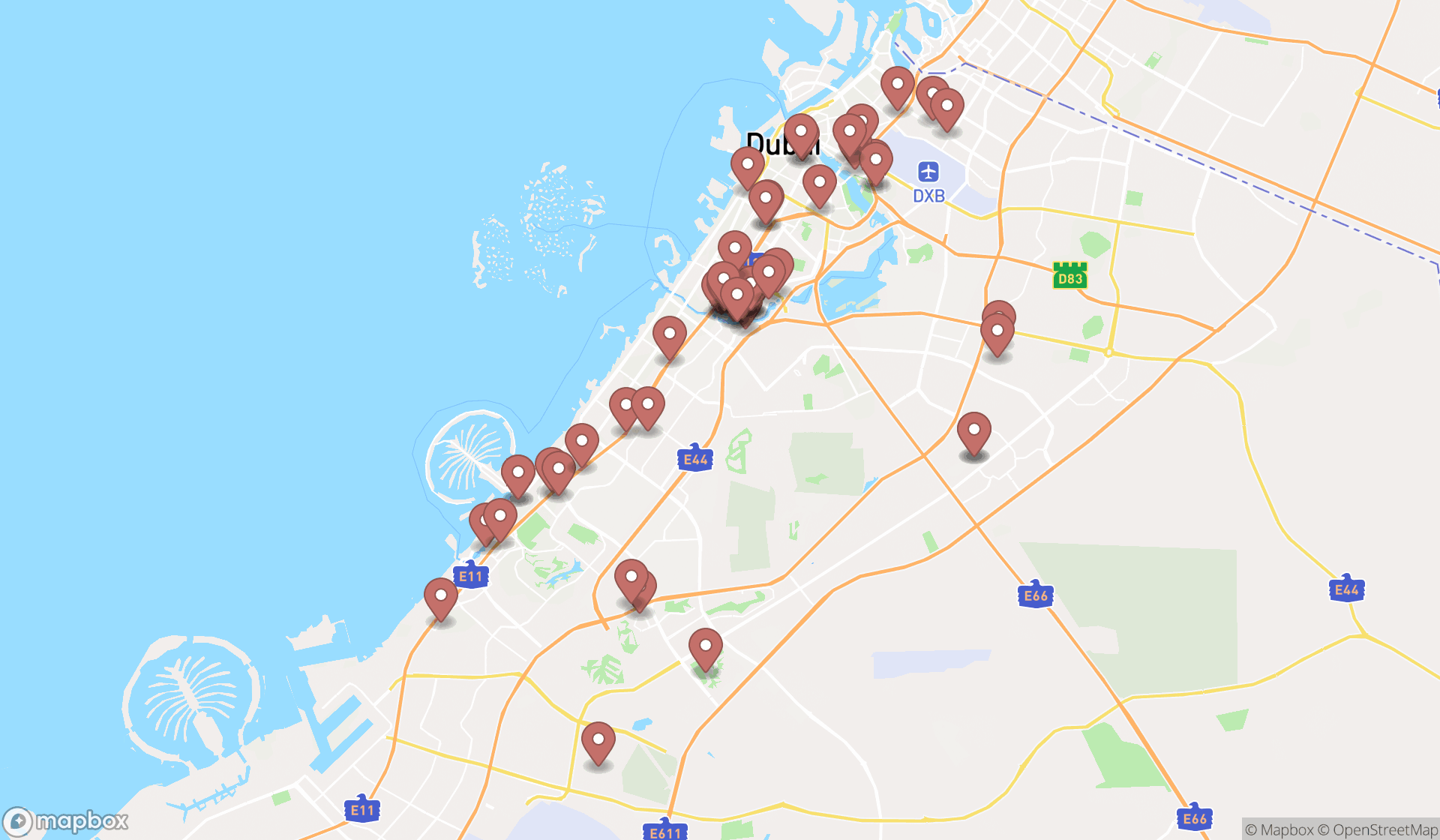 Map showing the search results in Dubai
