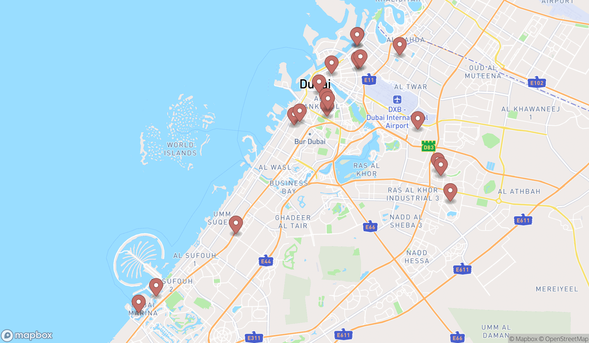 Map showing the search results in Dubai