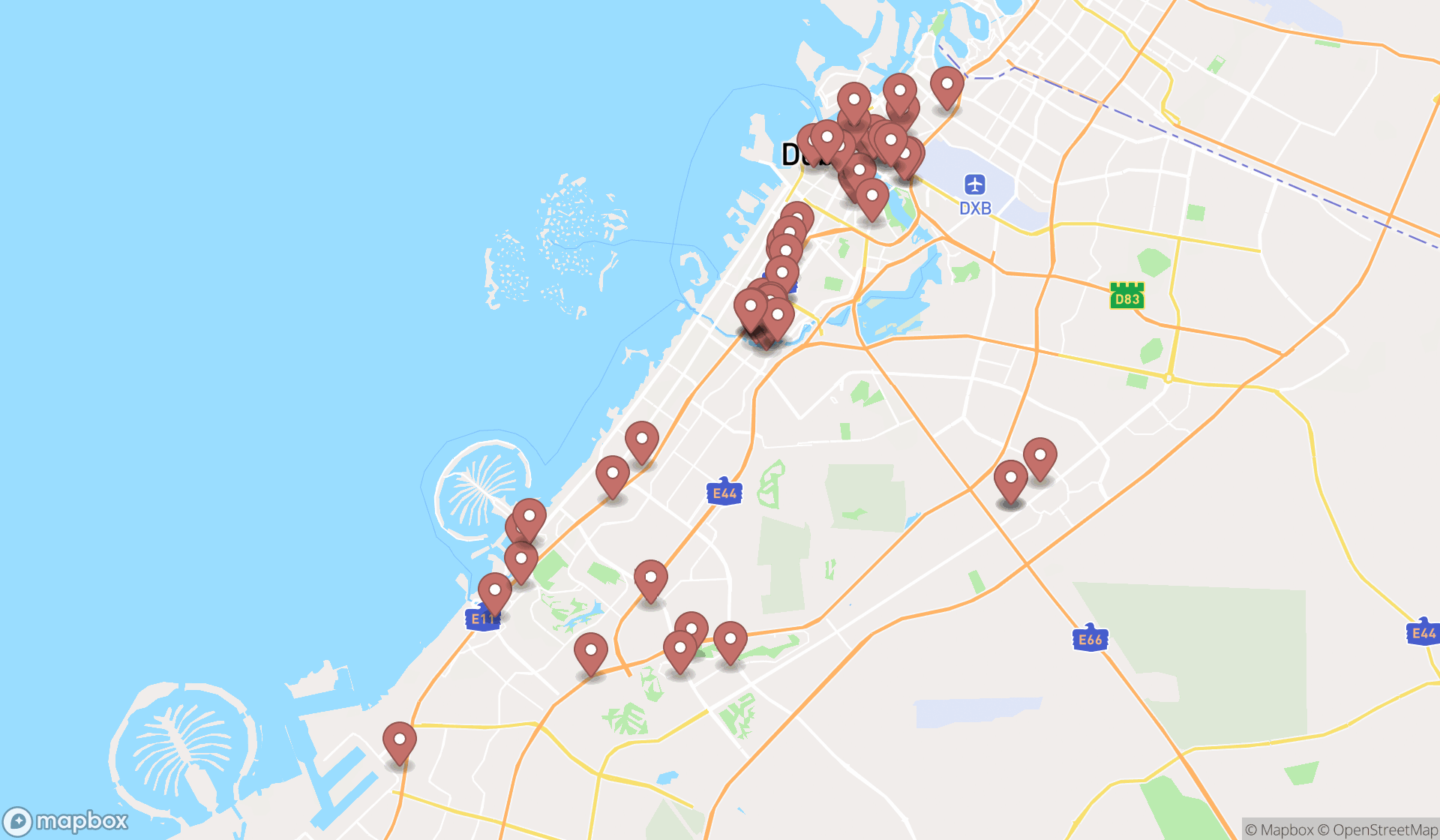 Map showing the search results in Dubai
