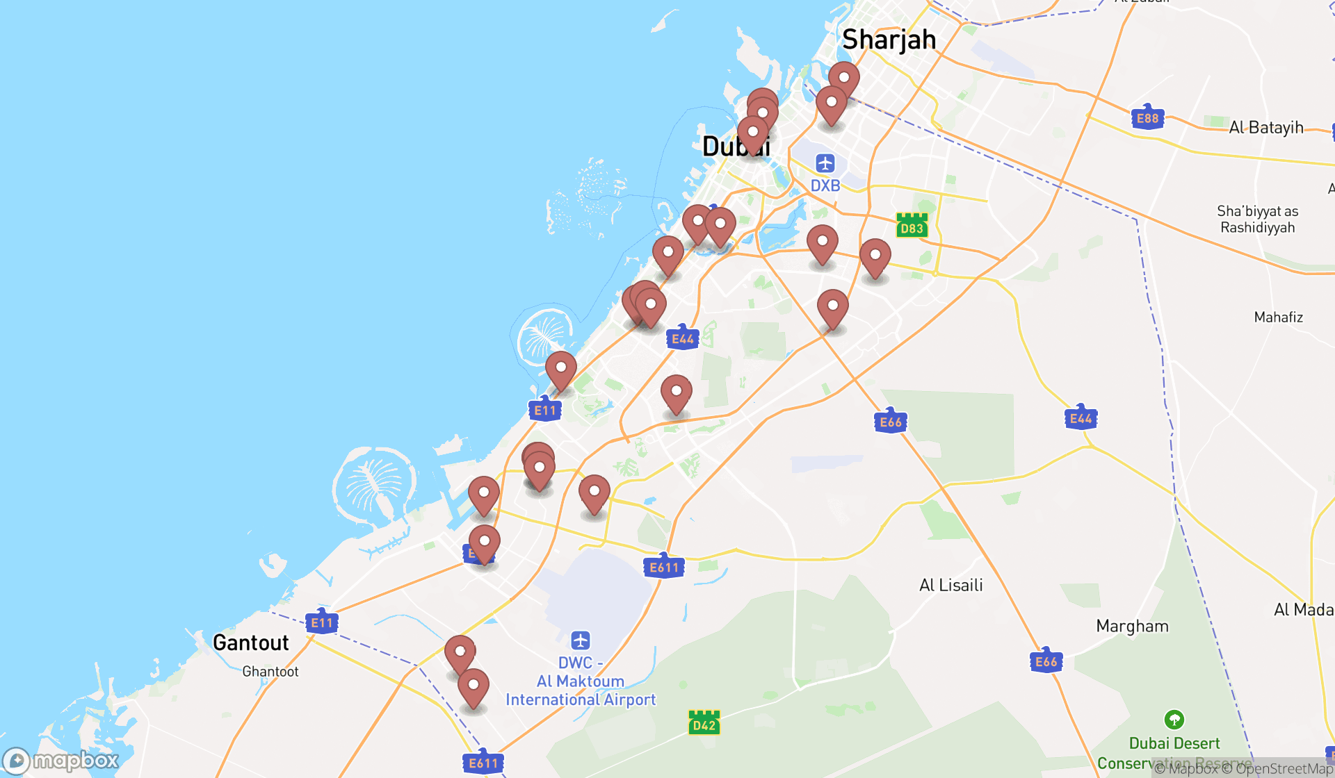 Map showing the search results in Dubai