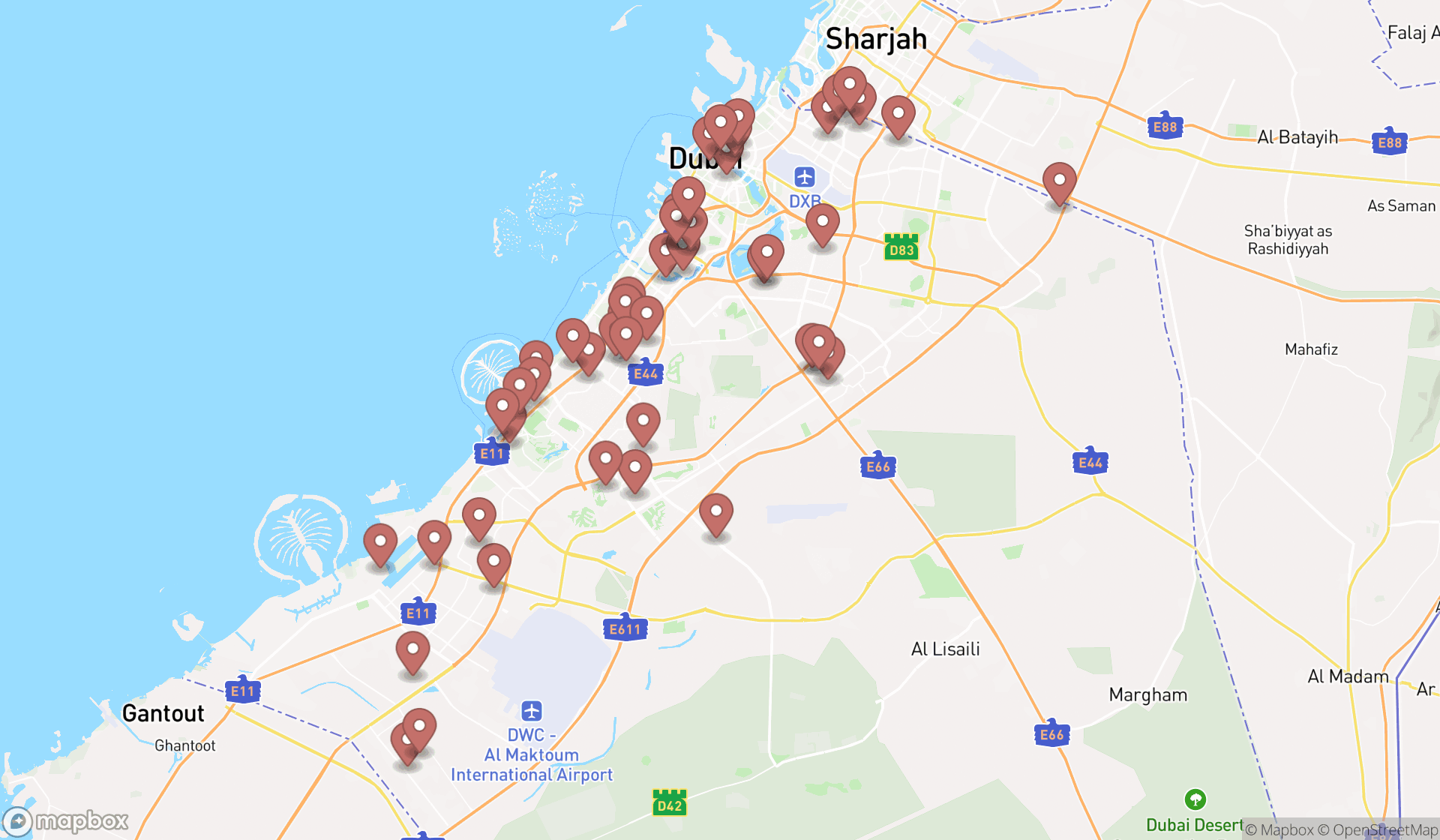 Map showing the search results in Dubai