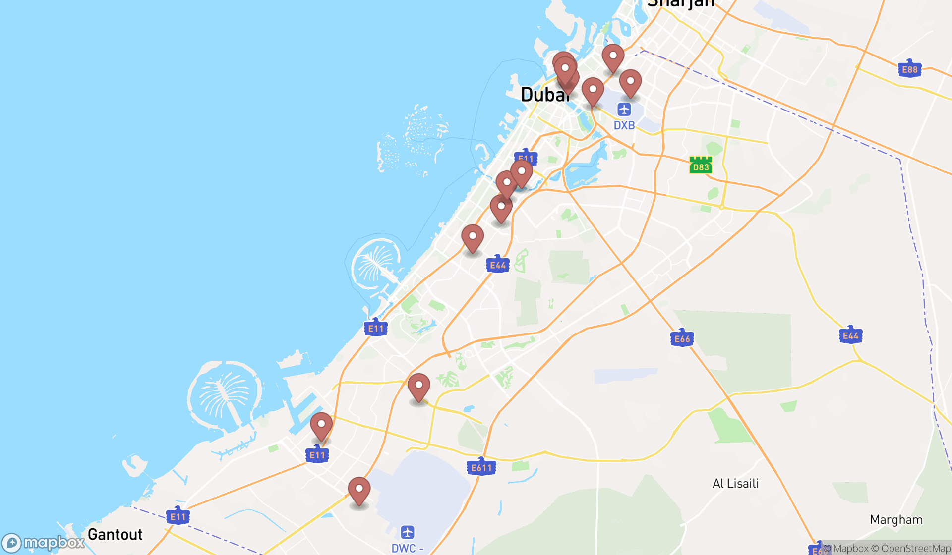 Map showing the search results in Dubai