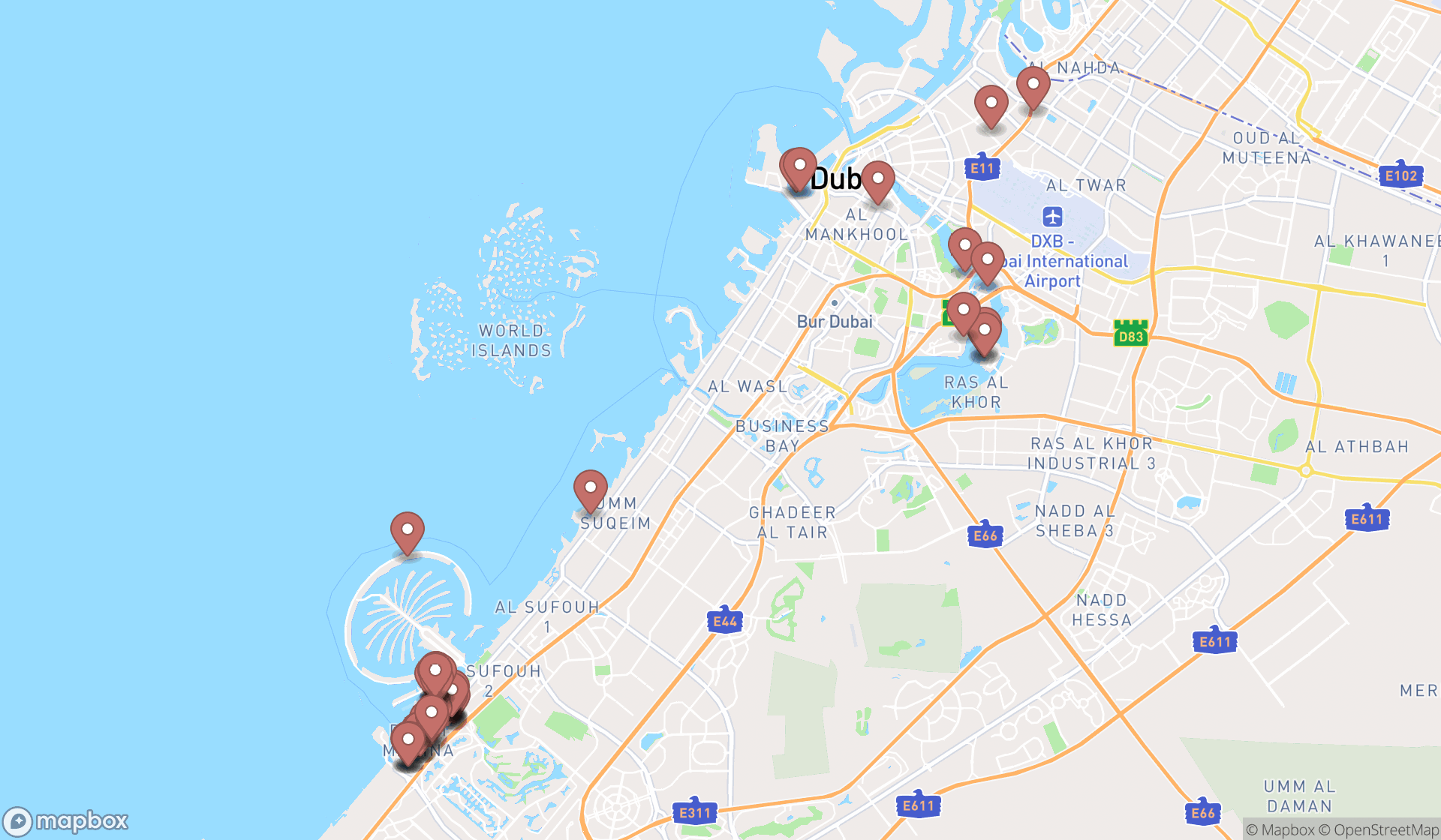 Map showing the search results in Dubai