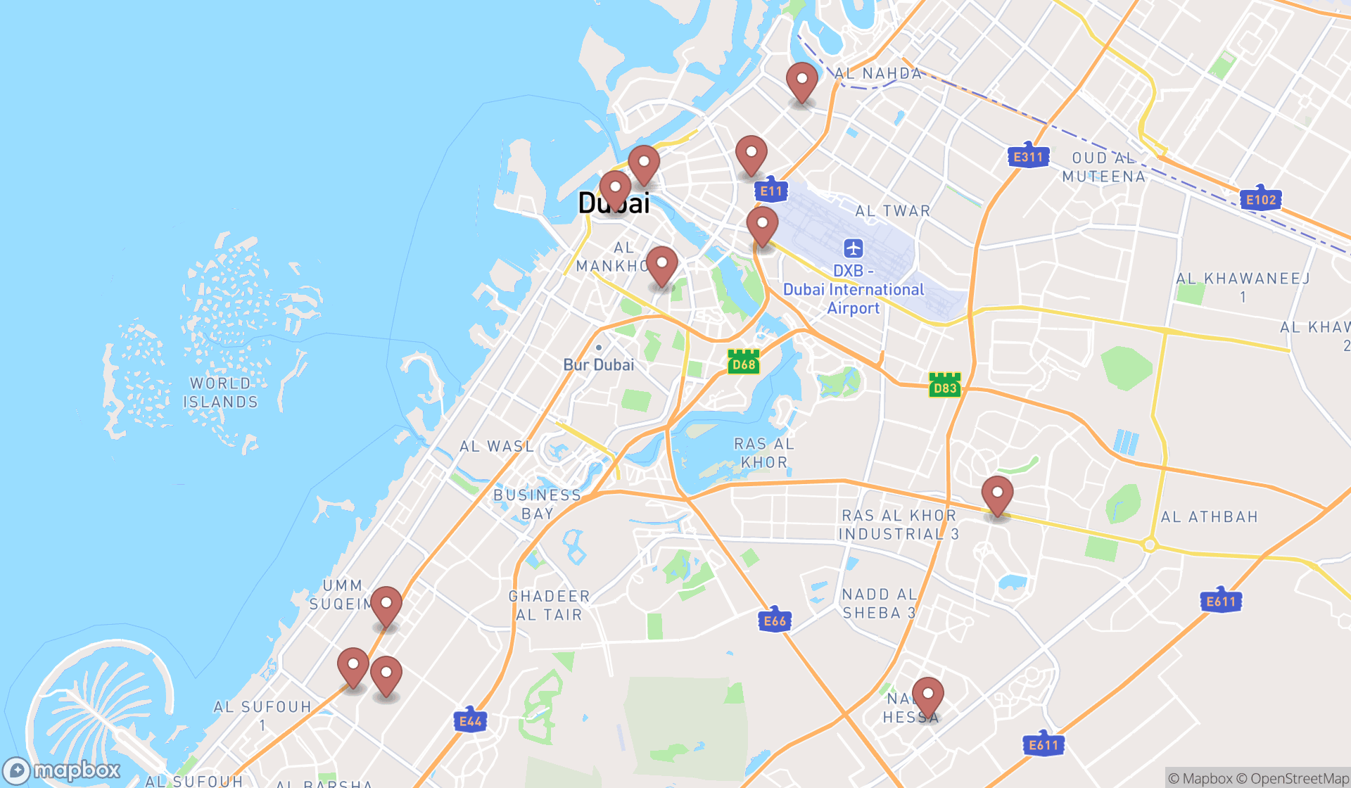 Map showing the search results in Dubai