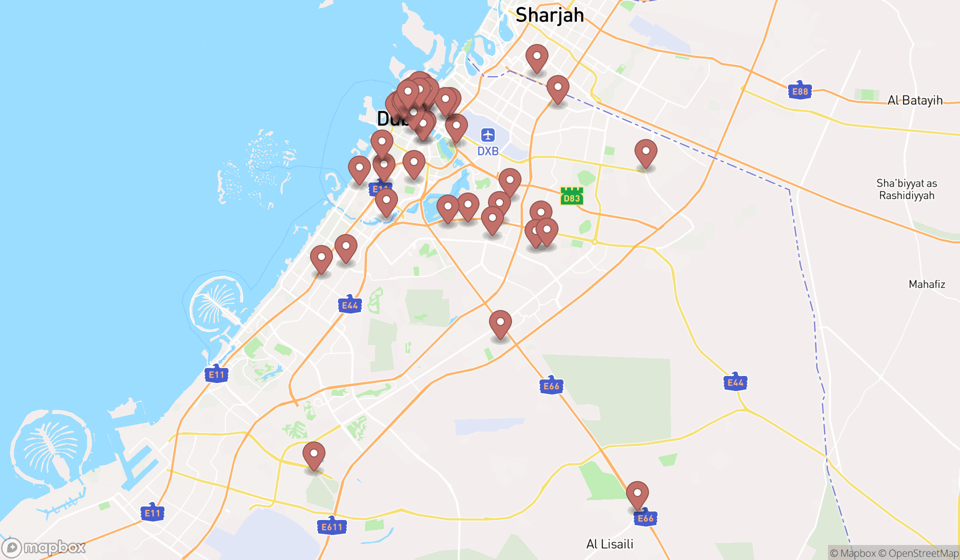 Map showing the search results in Dubai