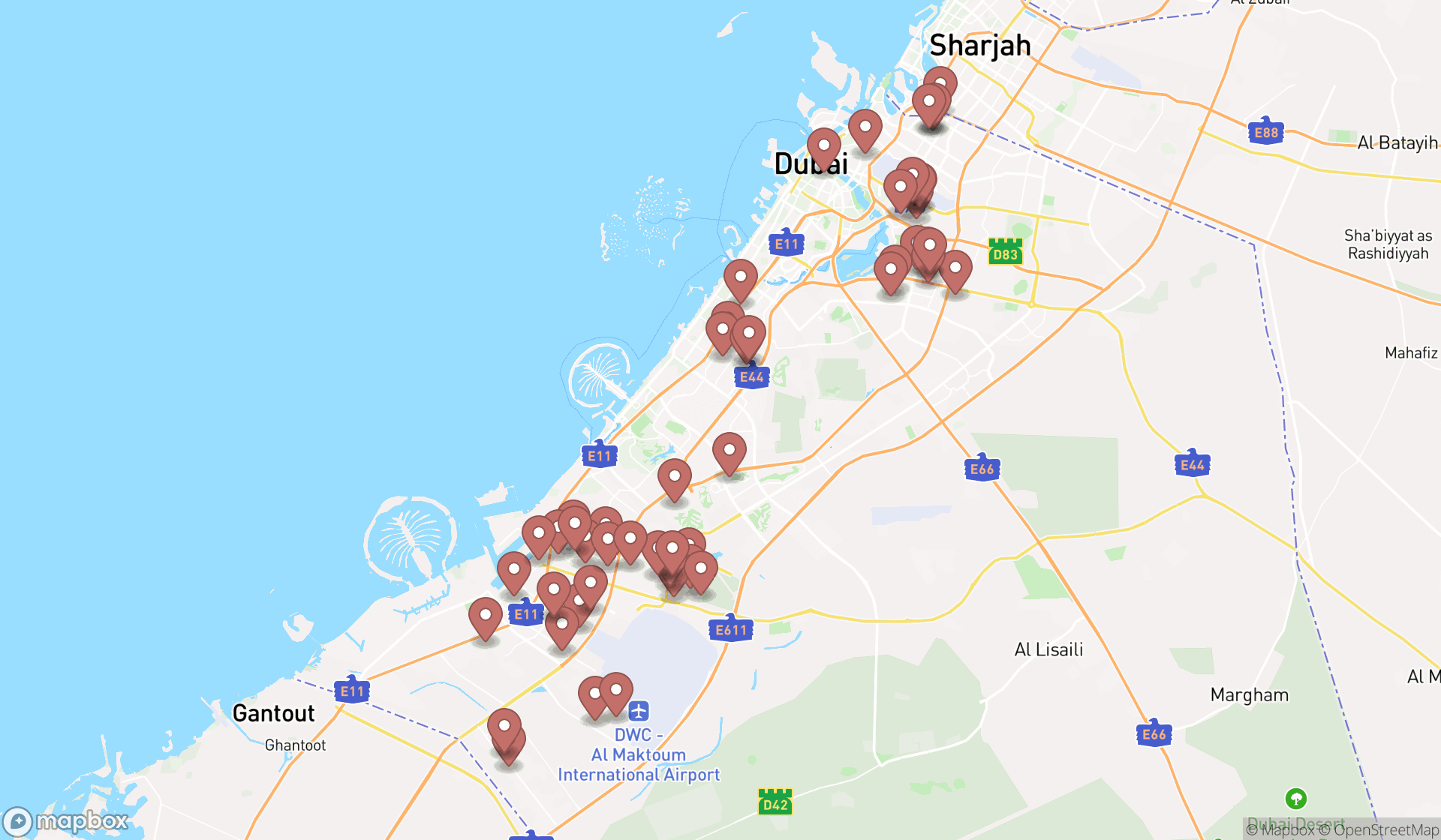 Map showing the search results in Dubai