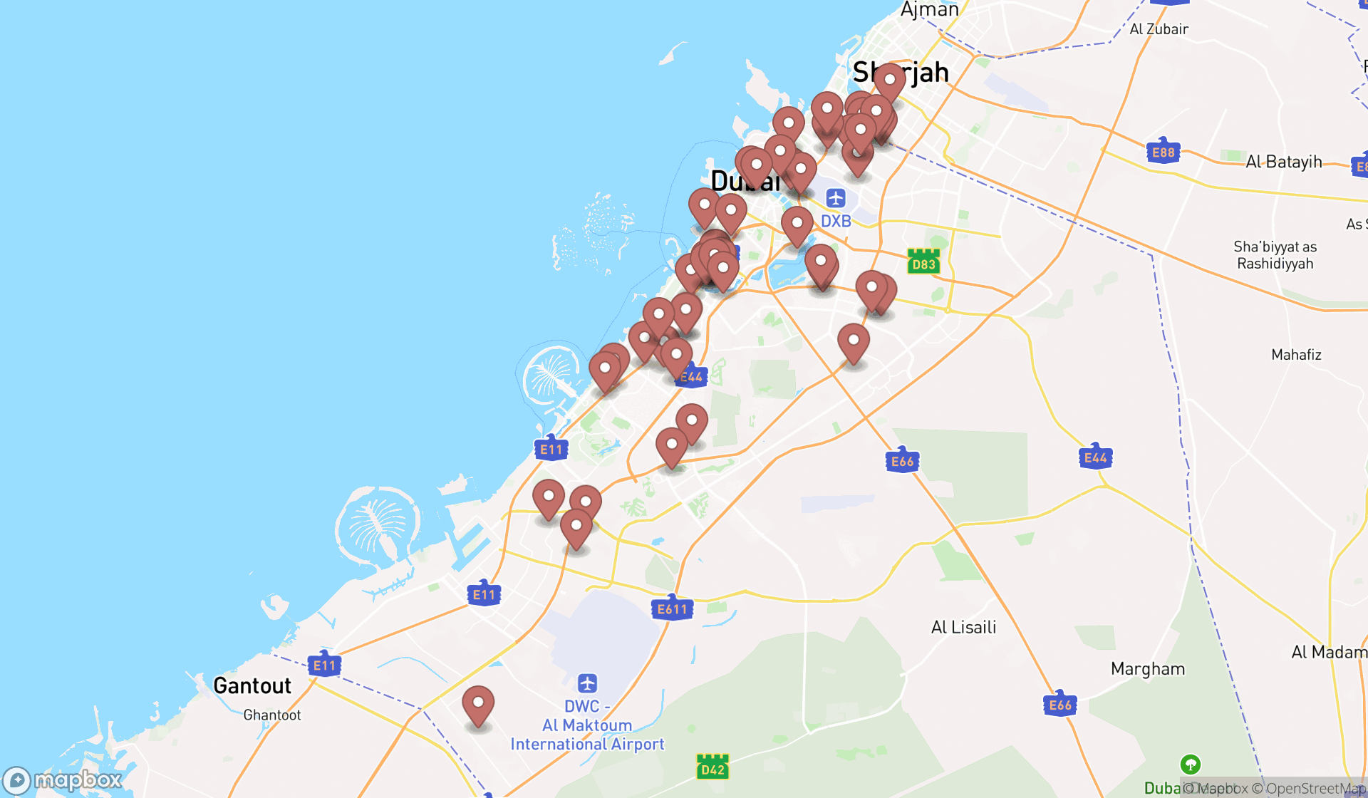 Map showing the search results in Dubai