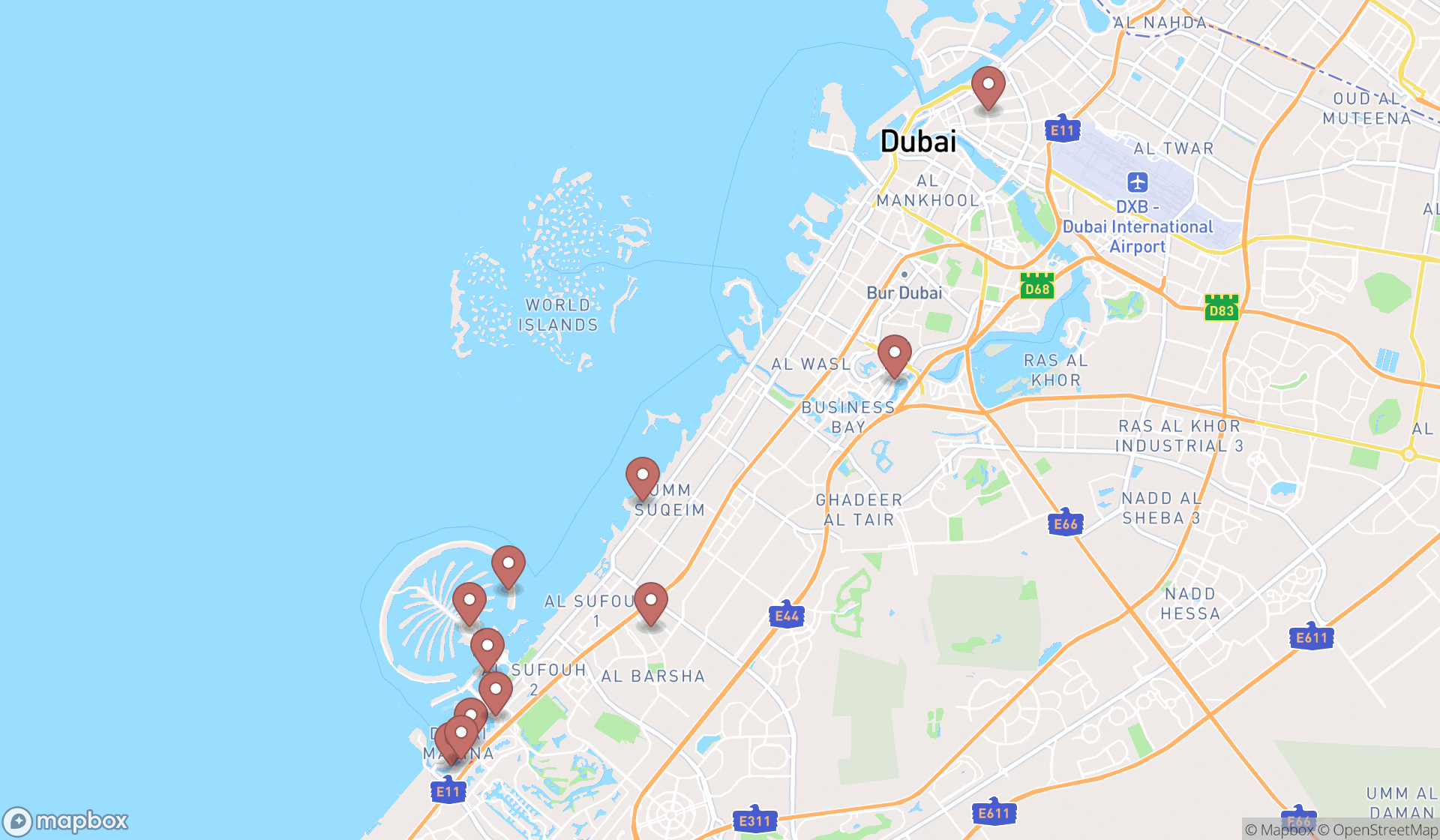 Map showing the search results in Dubai