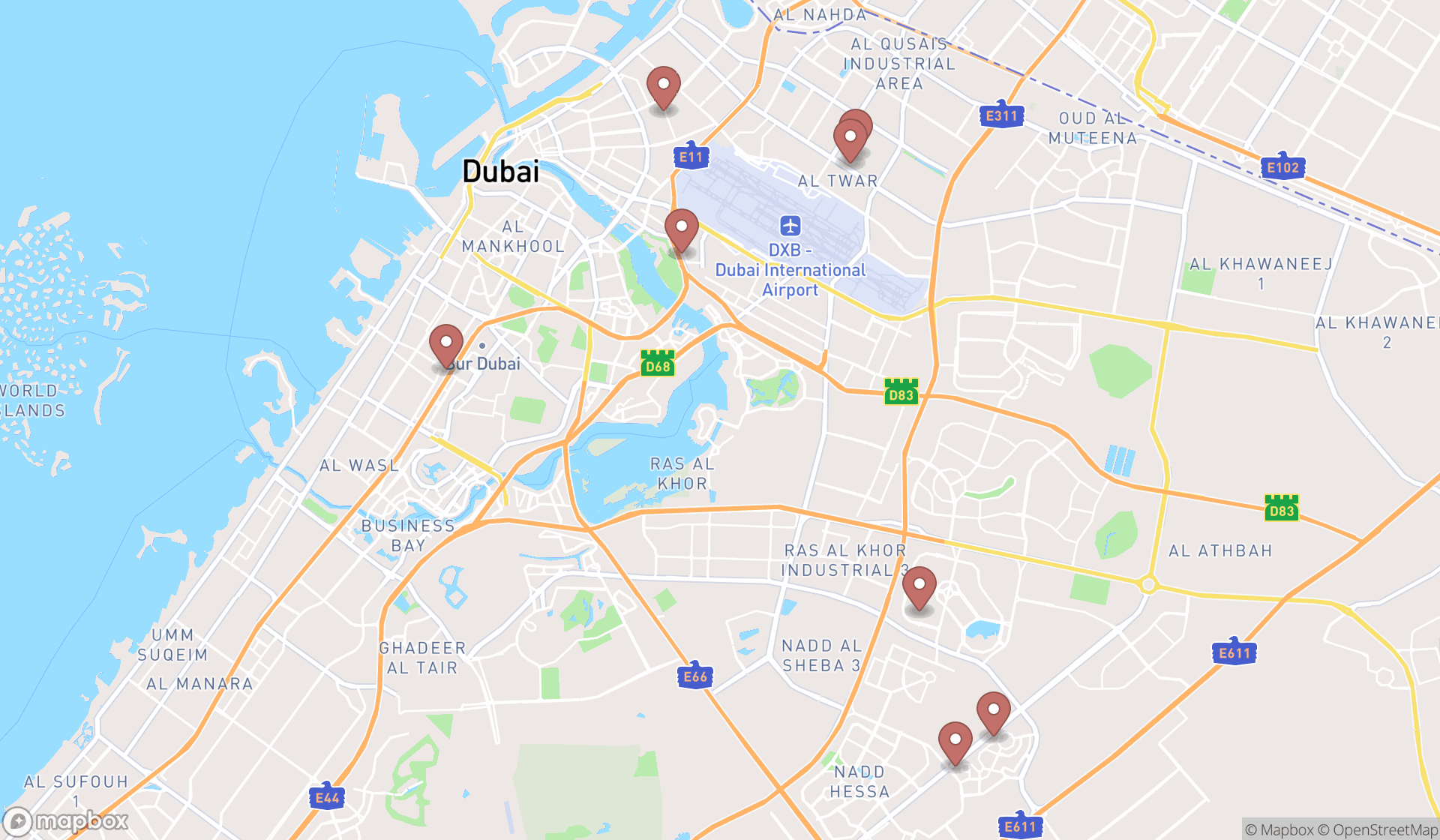 Map showing the search results in Dubai