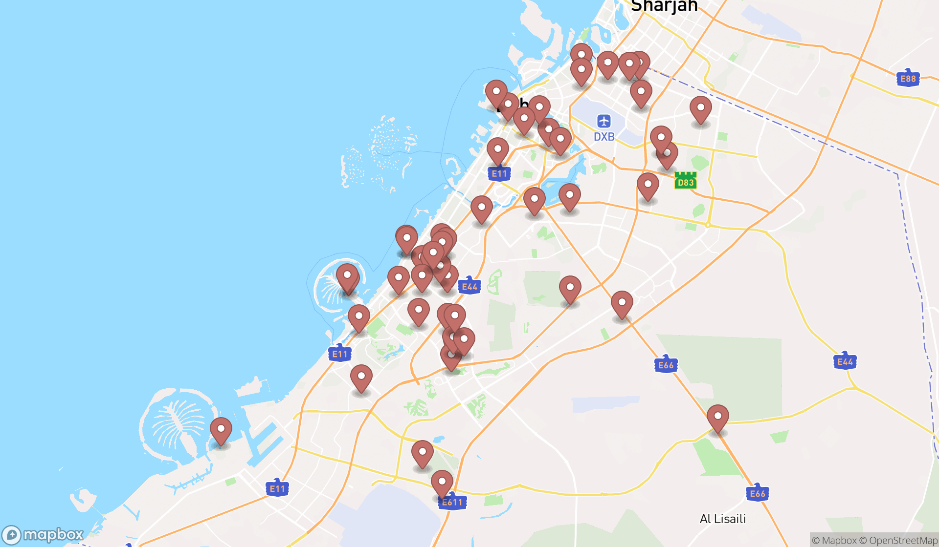 Map showing the search results in Dubai
