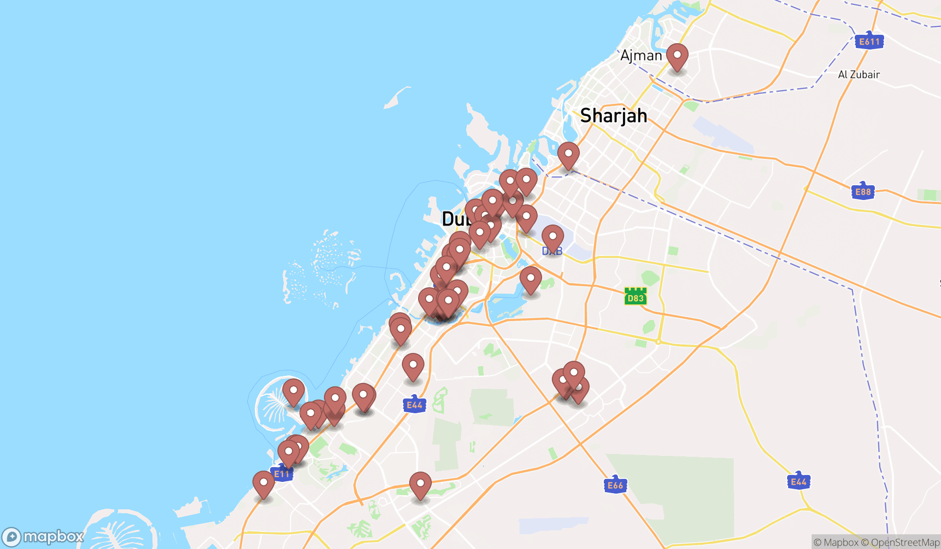 Map showing the search results in Dubai