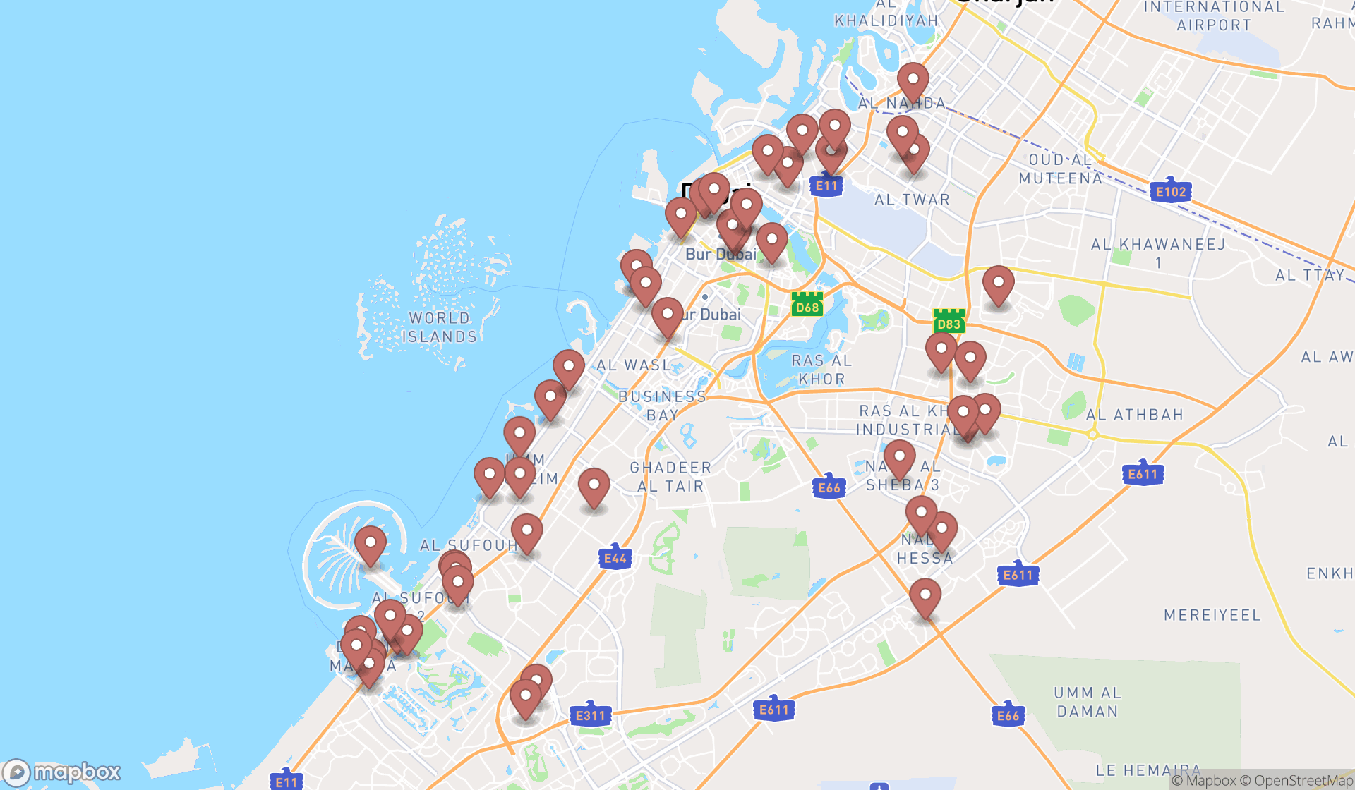 Map showing the search results in Dubai