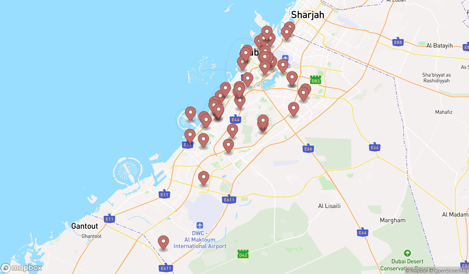 Map showing the search results in Dubai