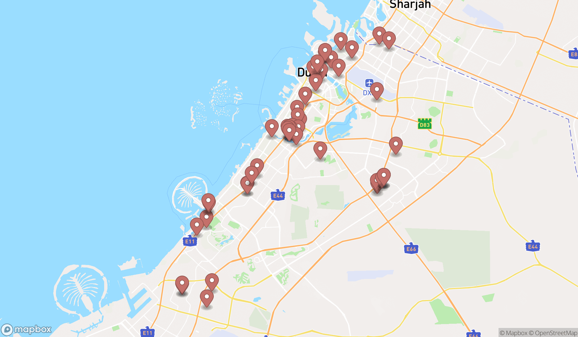 Map showing the search results in Dubai