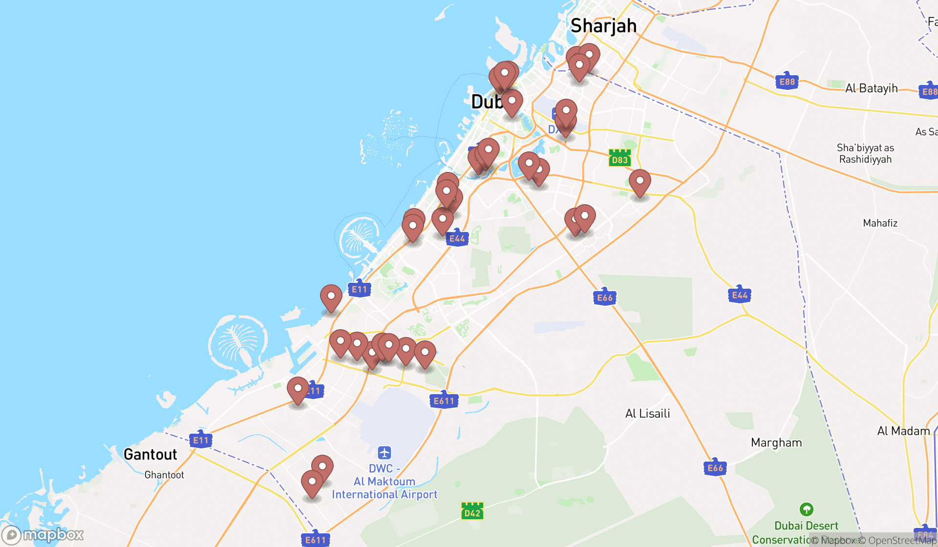 Map showing the search results in Dubai