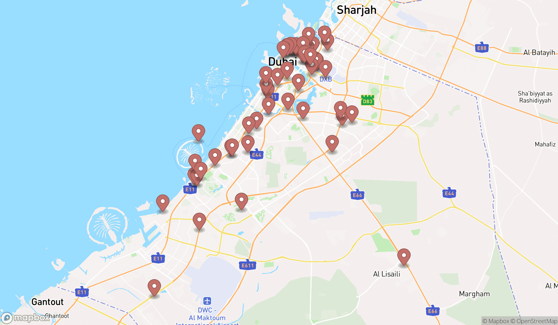 Map showing the search results in Dubai