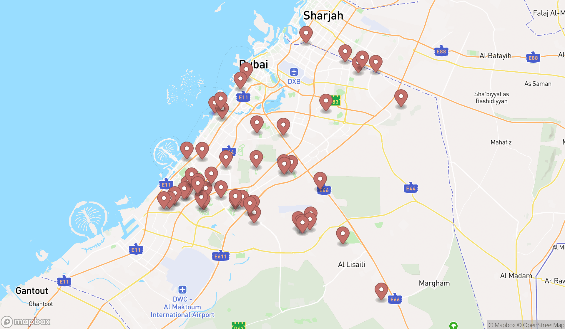 Map showing the search results in Dubai