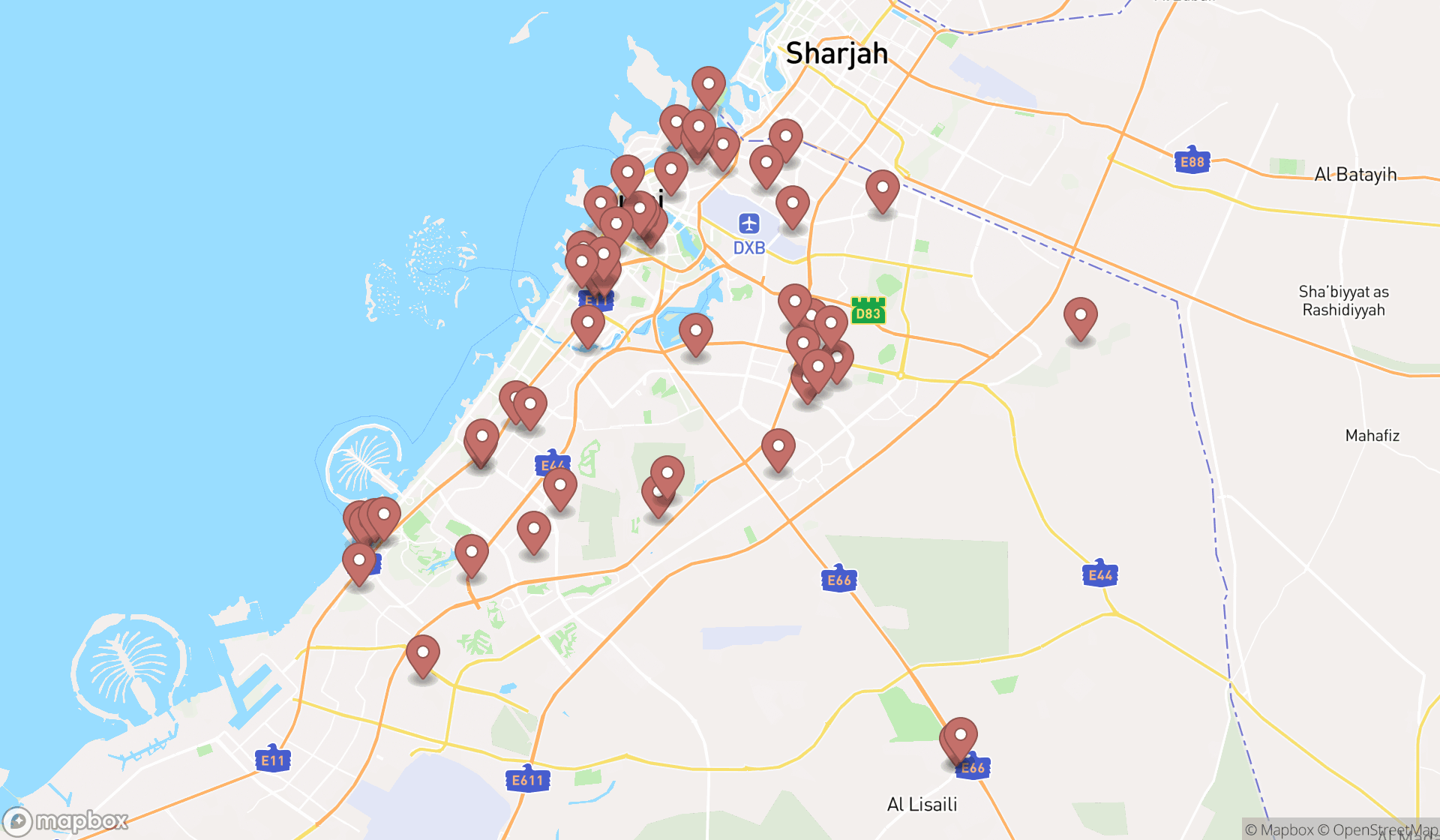Map showing the search results in Dubai