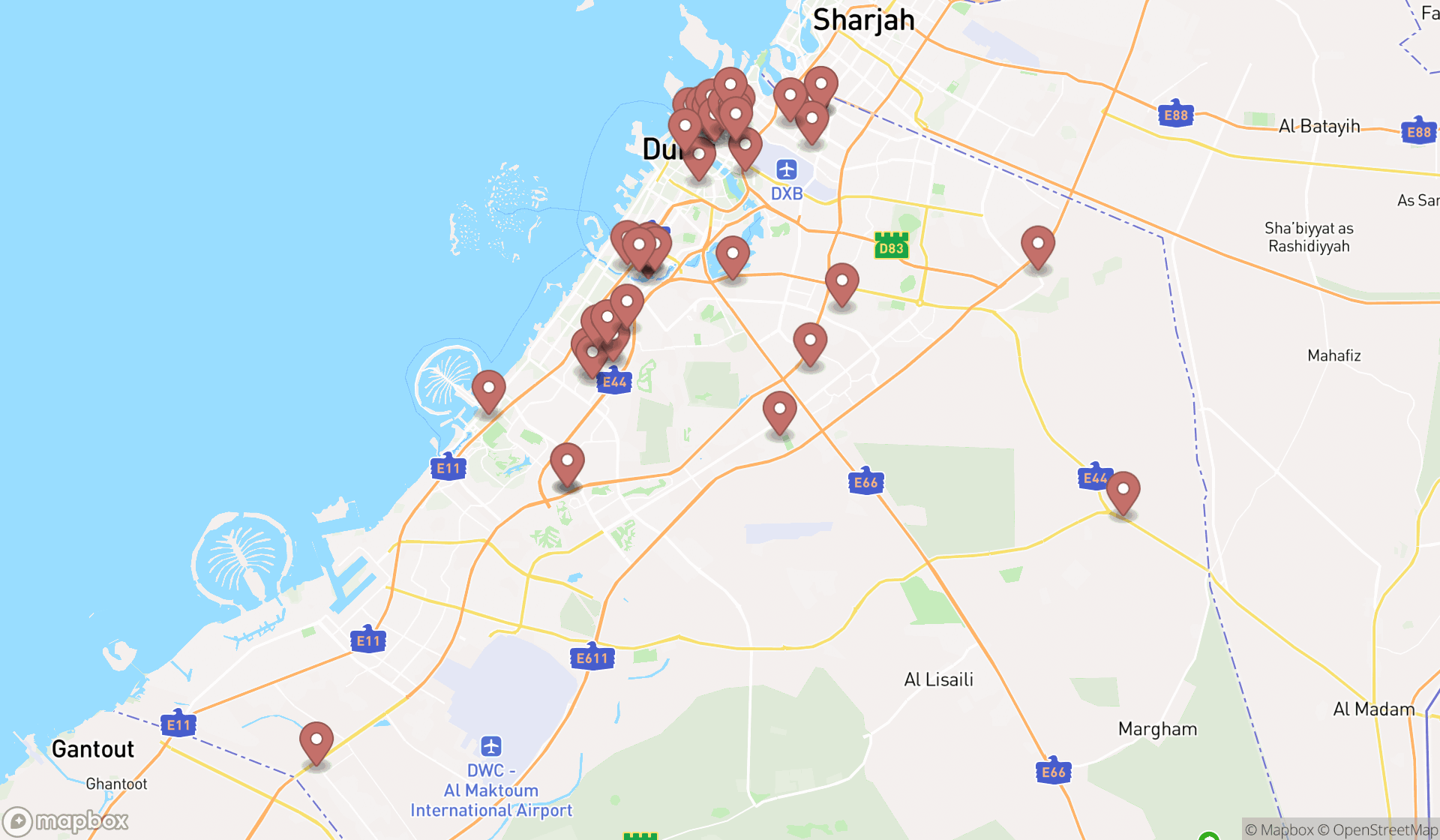 Map showing the search results in Dubai