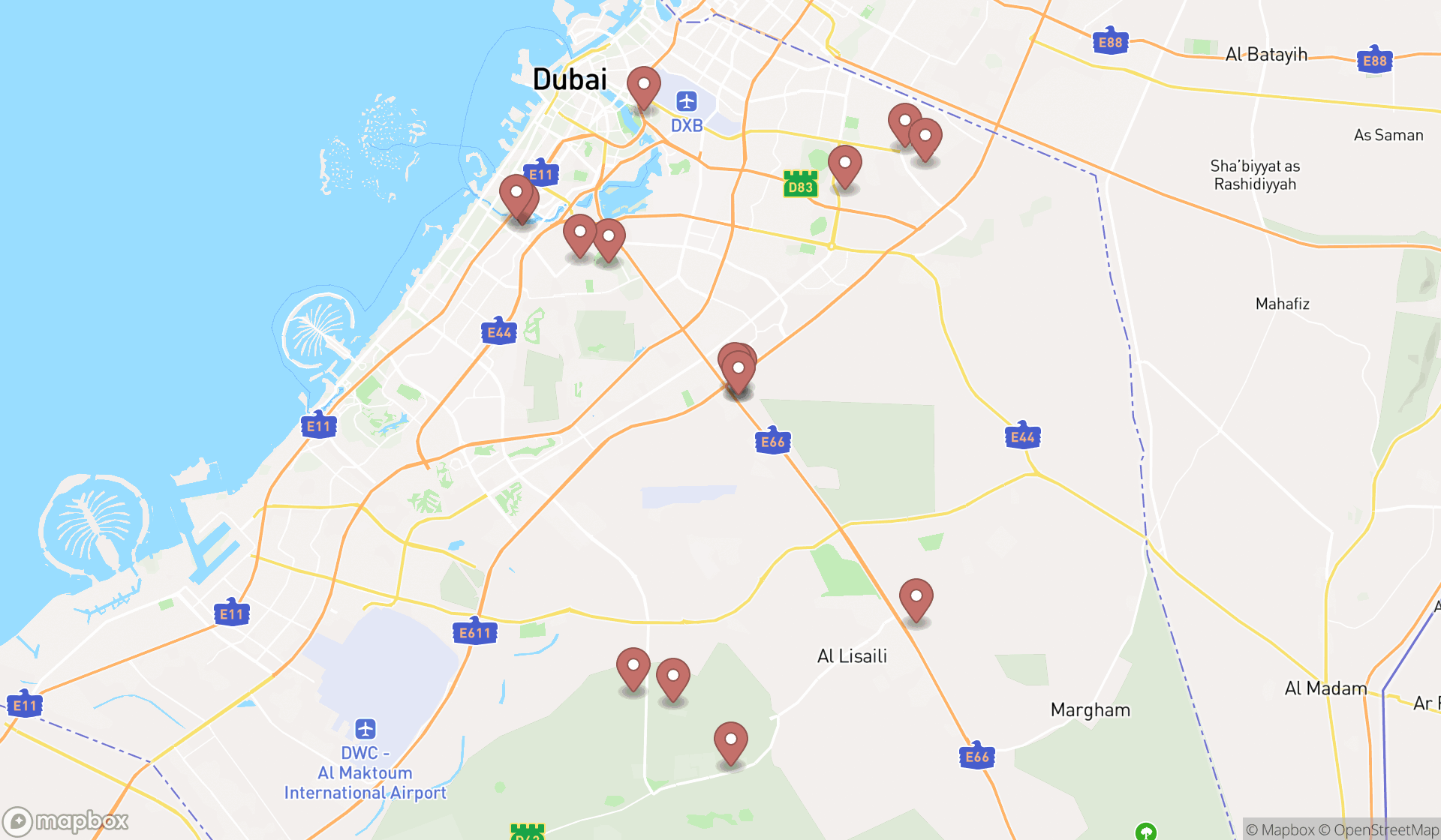 Map showing the search results in Dubai