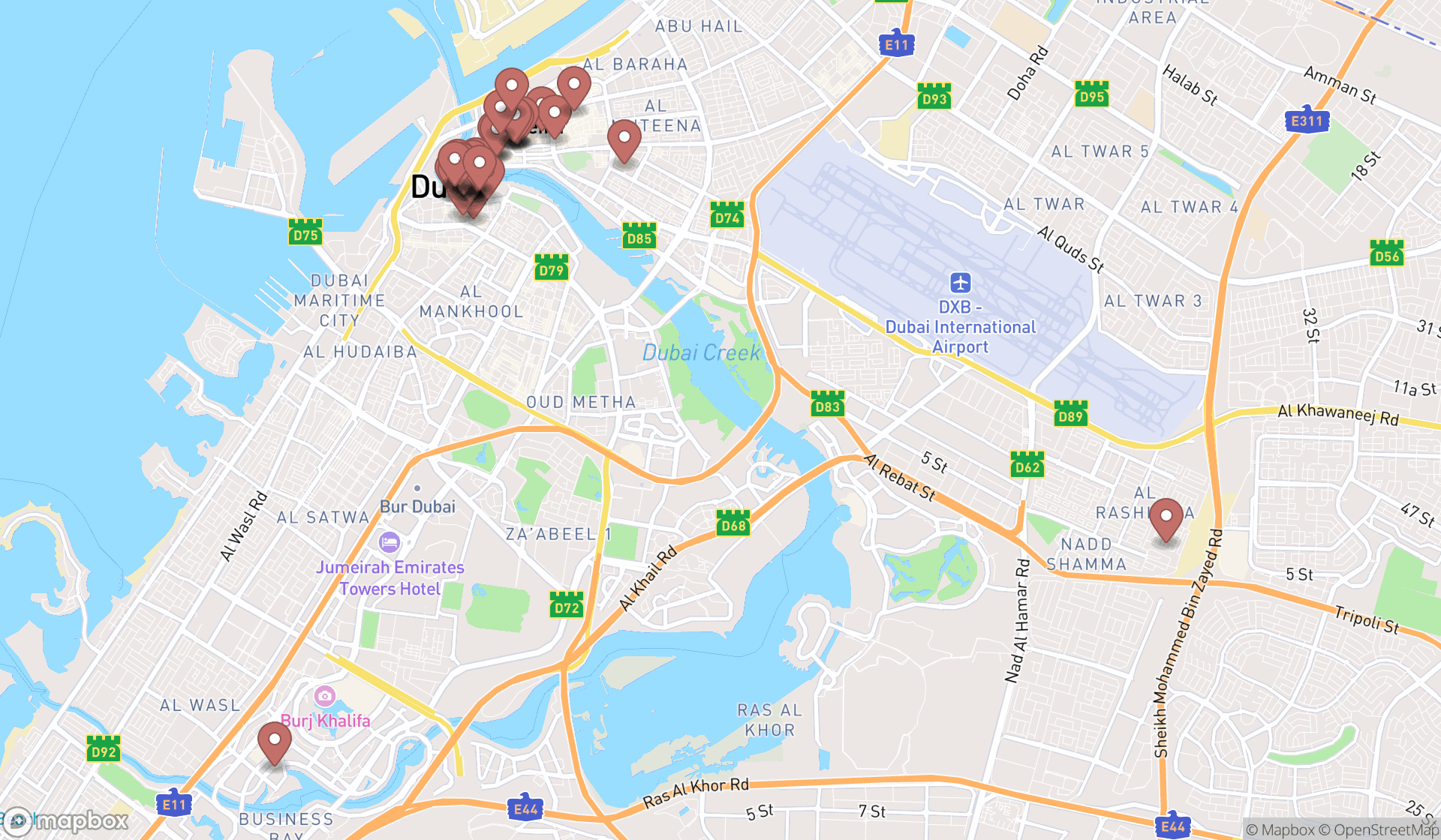 Map showing the search results in Dubai