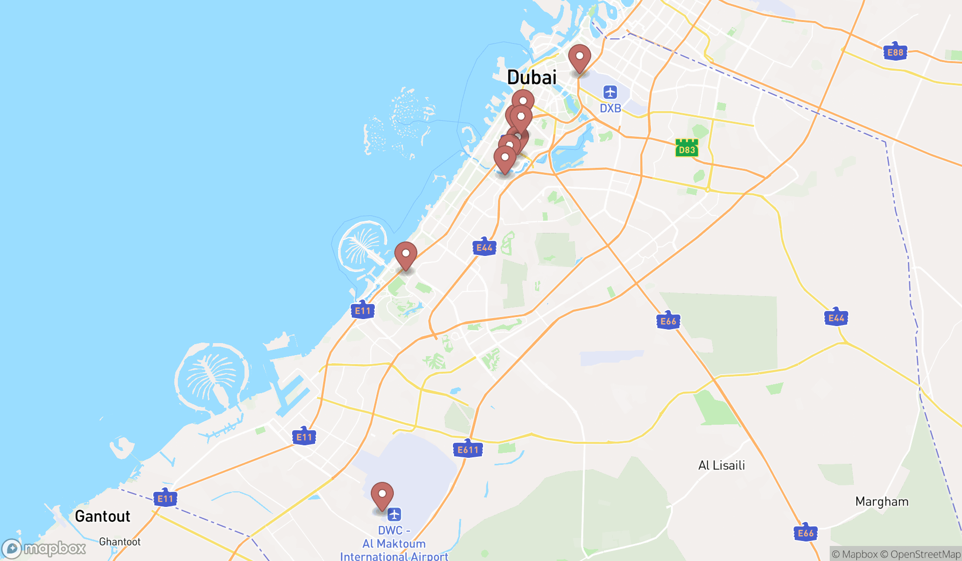 Map showing the search results in Dubai