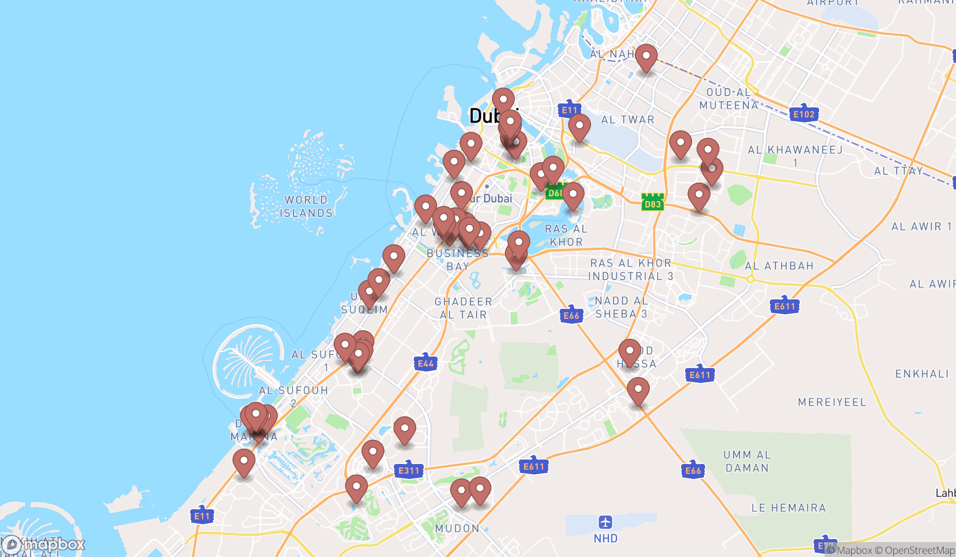 Map showing the search results in Dubai