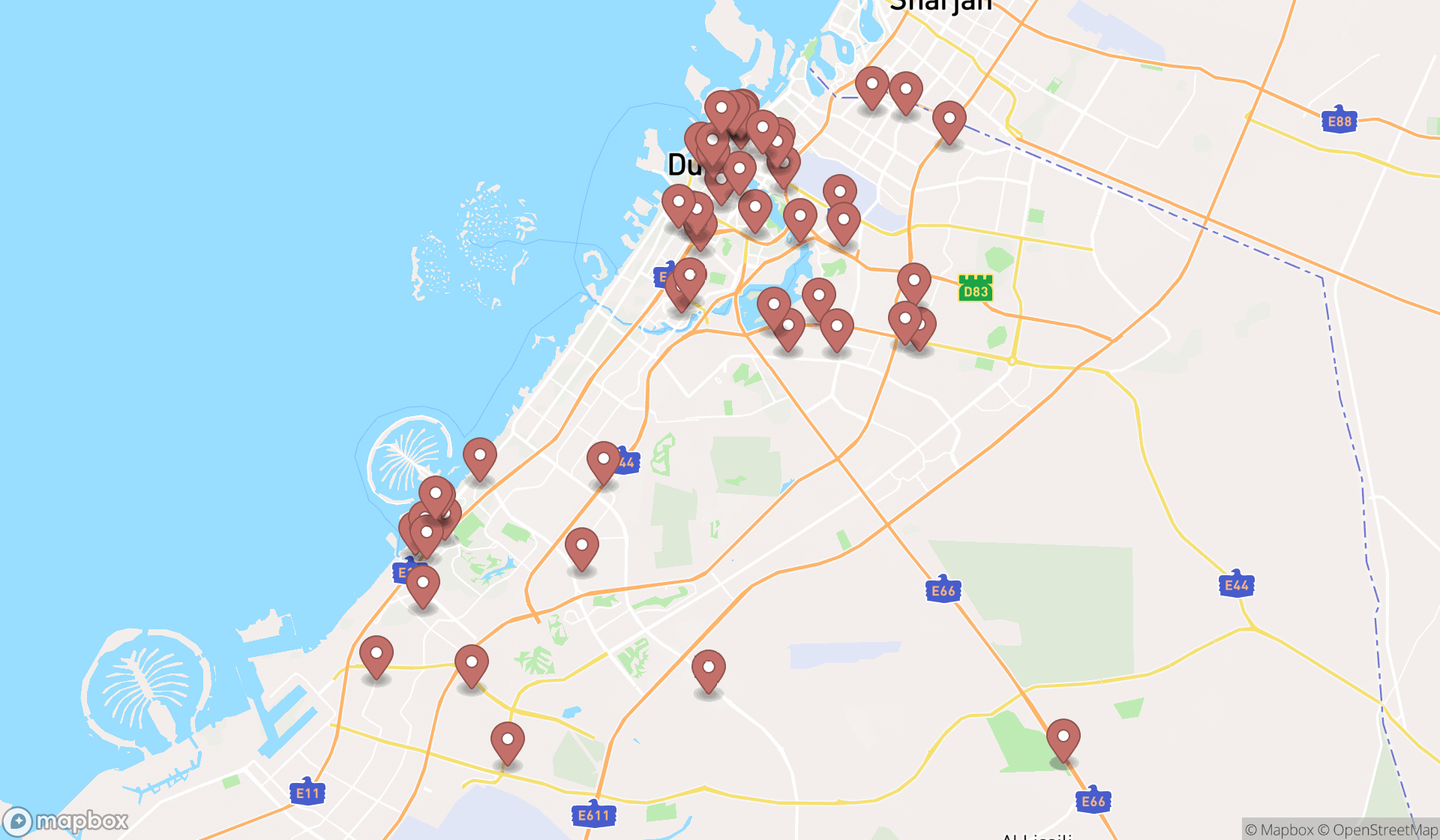 Map showing the search results in Dubai