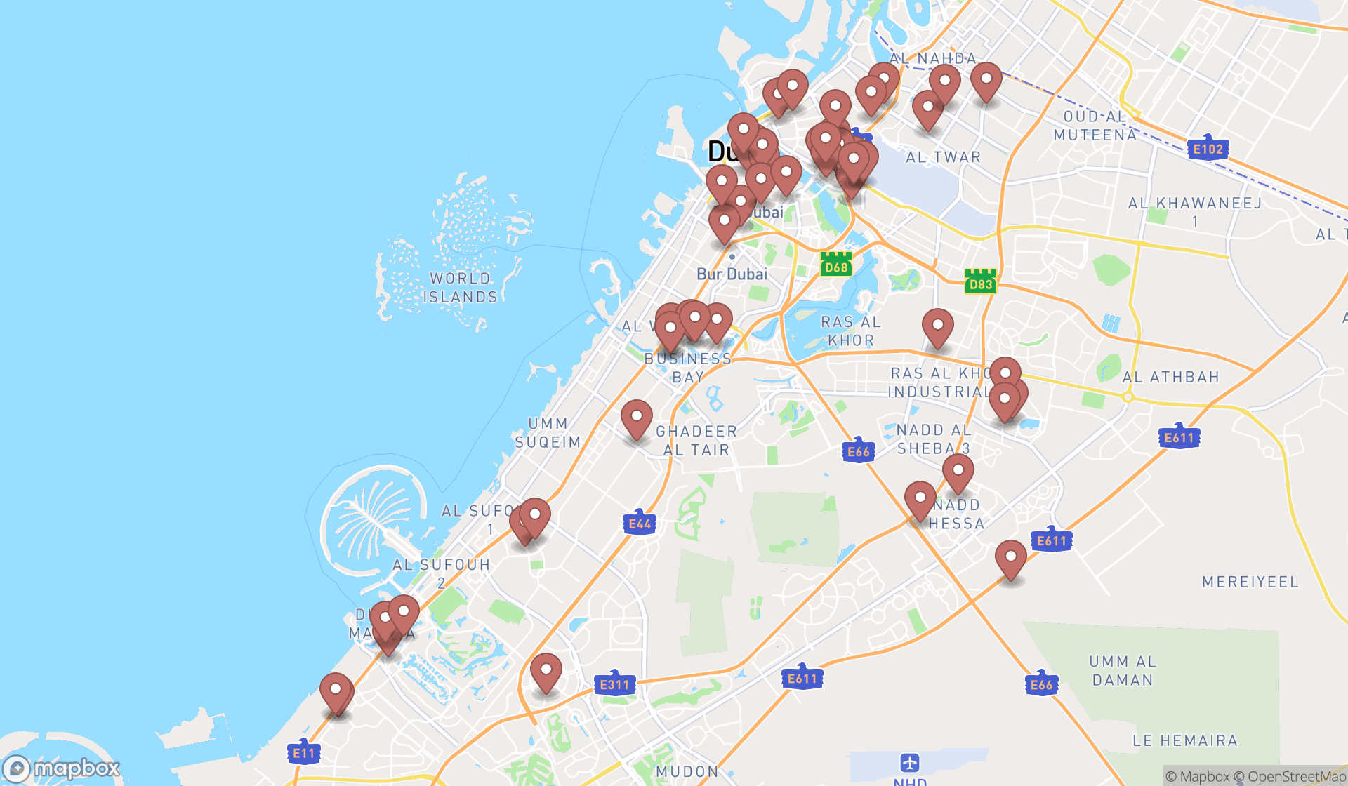 Map showing the search results in Dubai