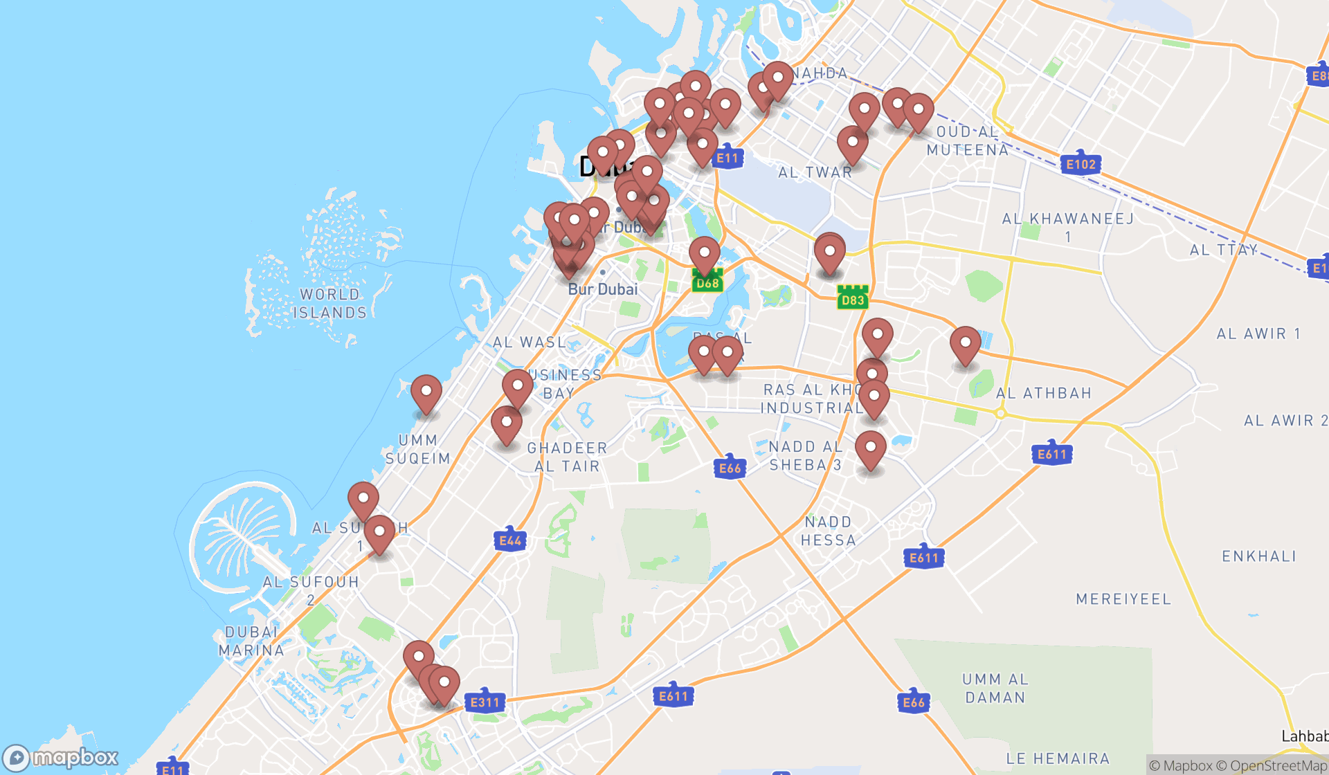 Map showing the search results in Dubai