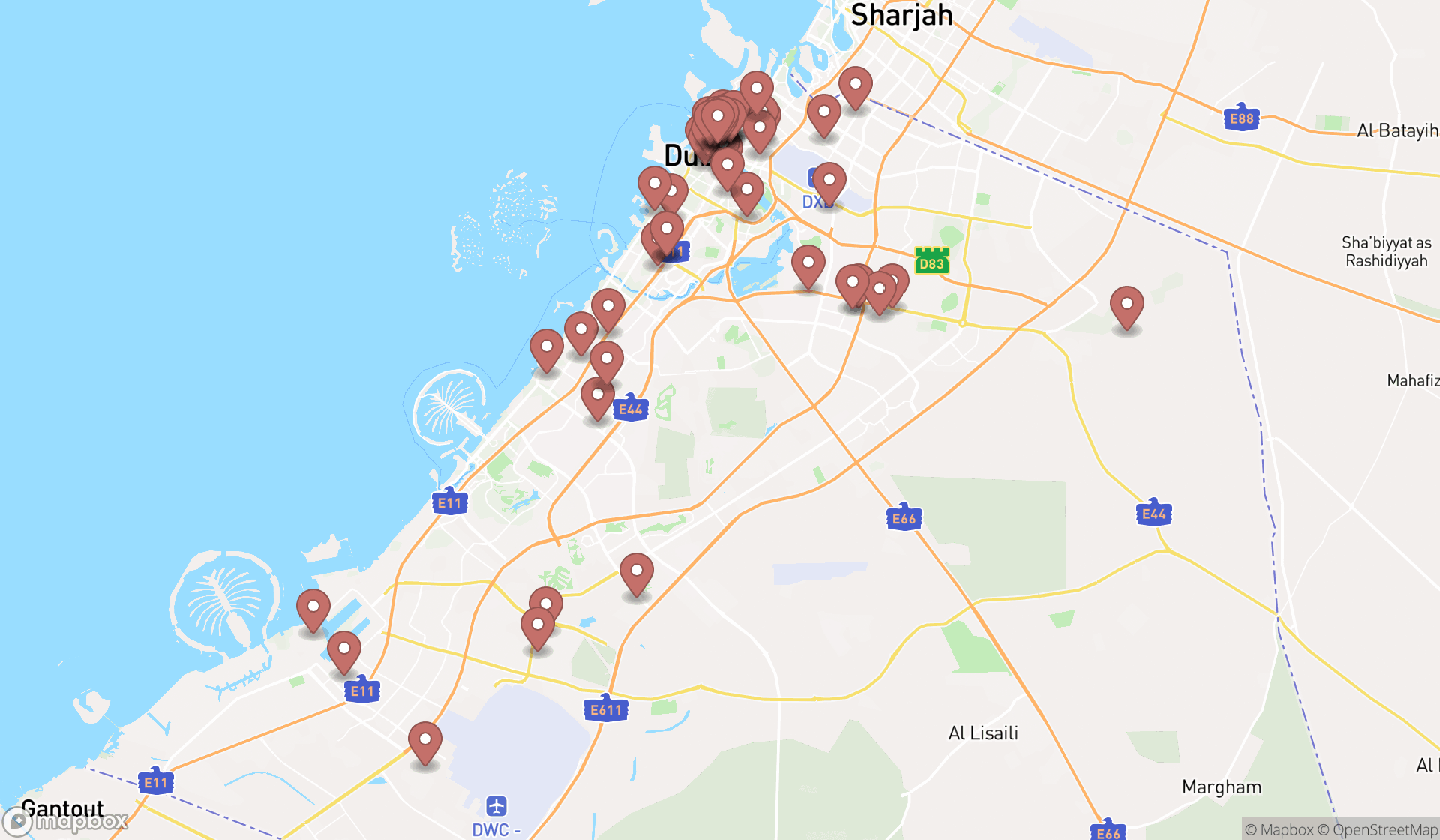 Map showing the search results in Dubai