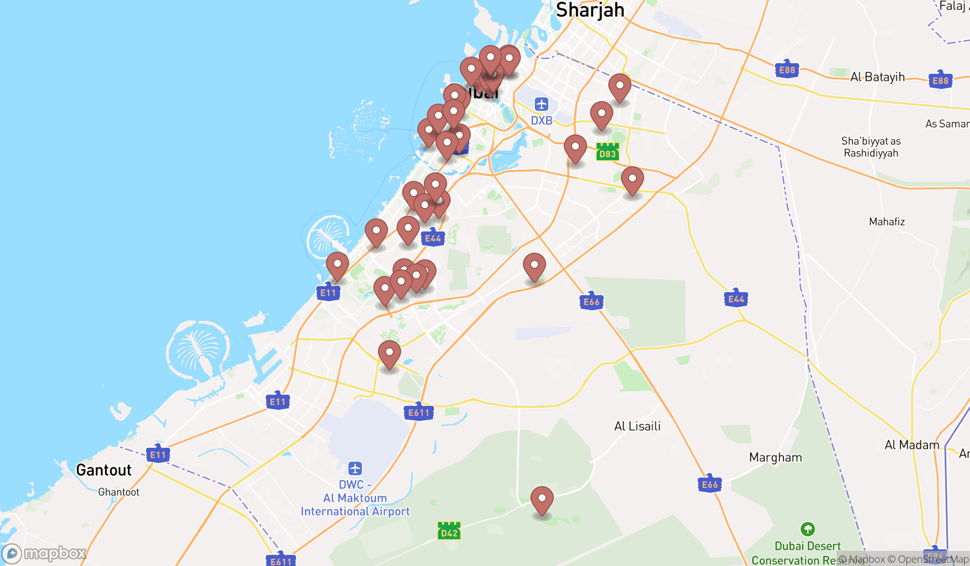 Map showing the search results in Dubai
