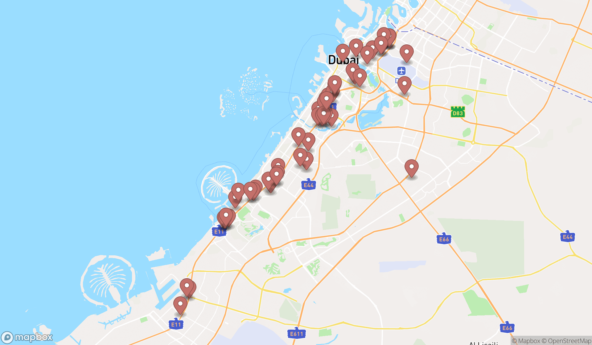 Map showing the search results in Dubai