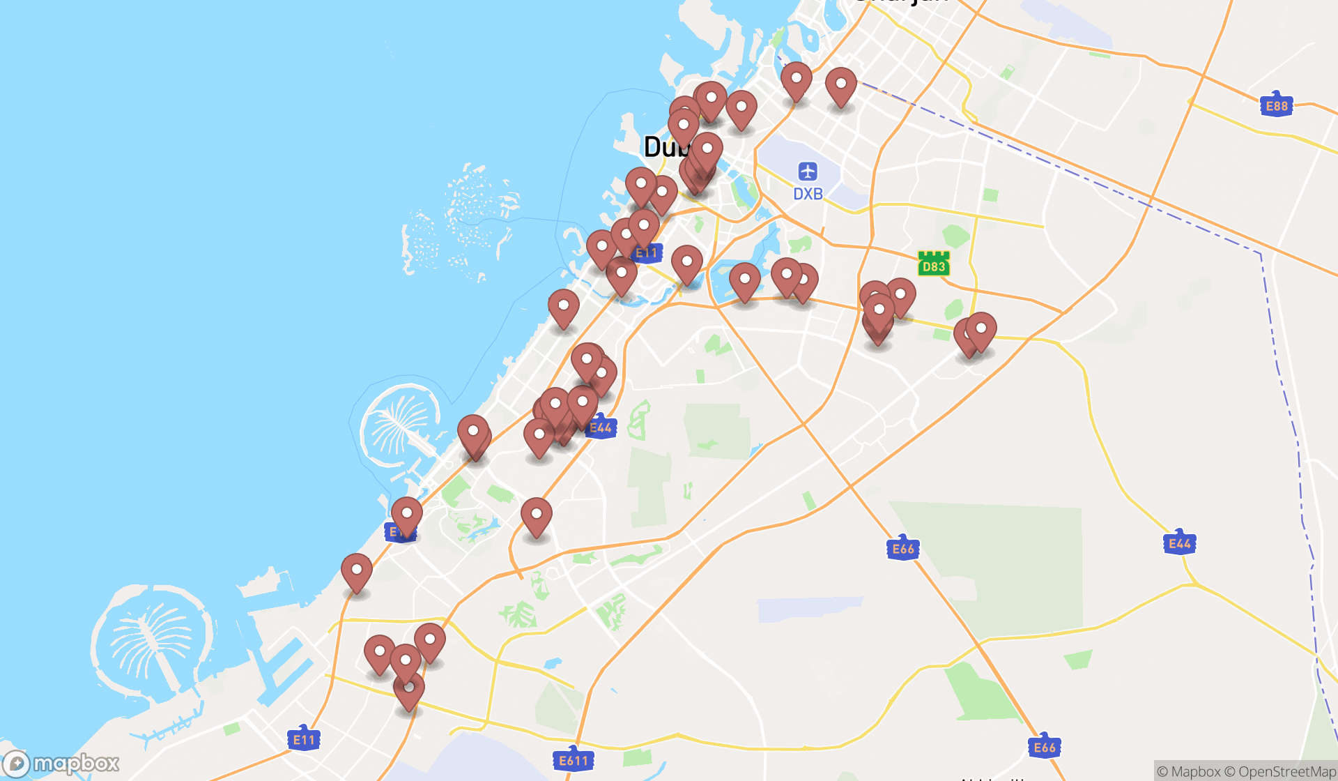Map showing the search results in Dubai