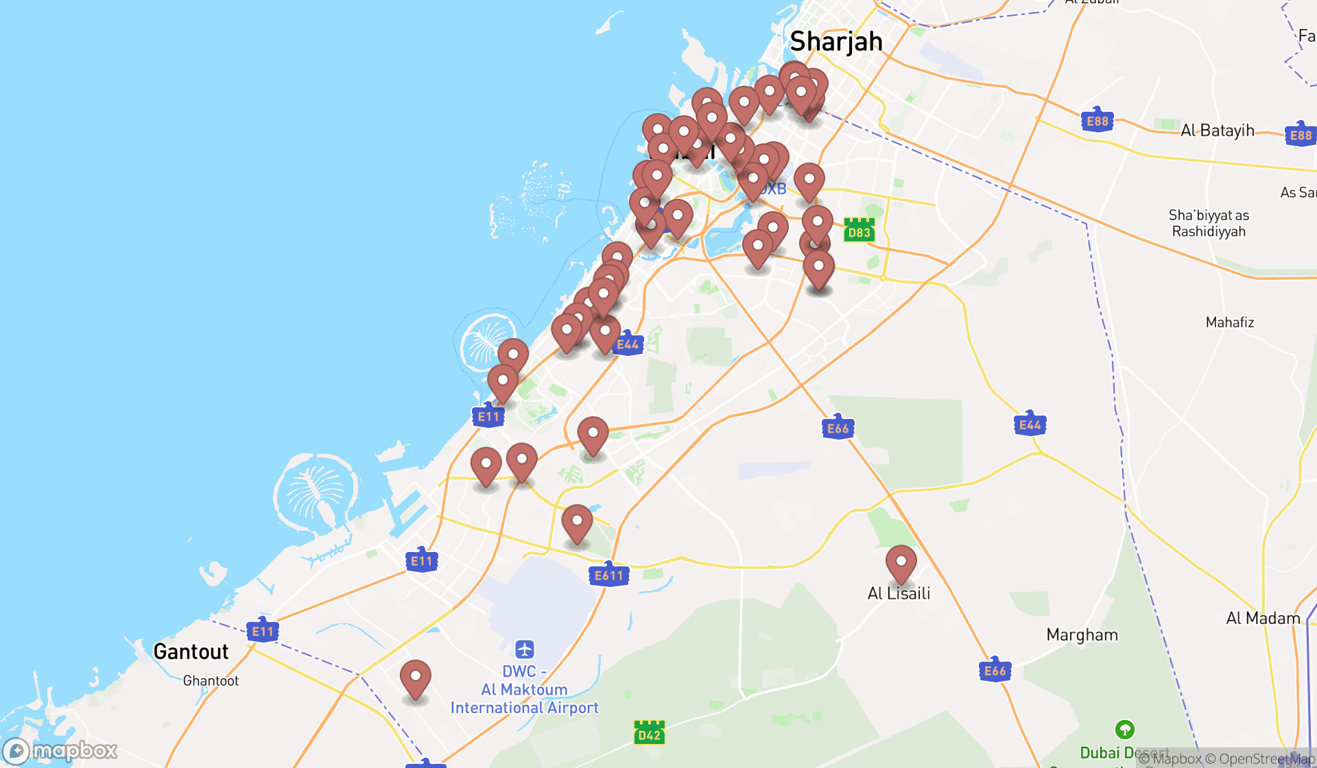 Map showing the search results in Dubai
