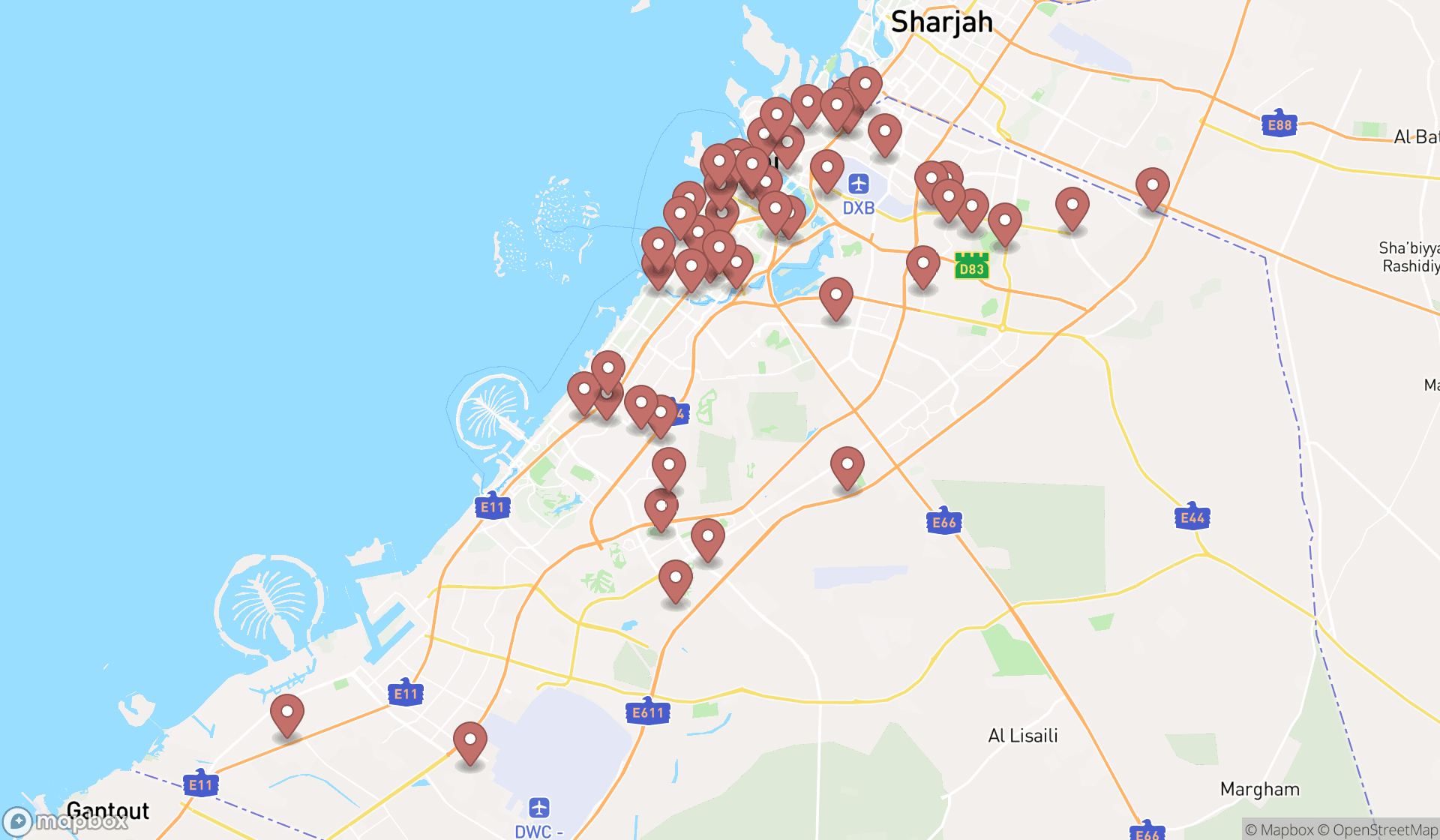 Map showing the search results in Dubai