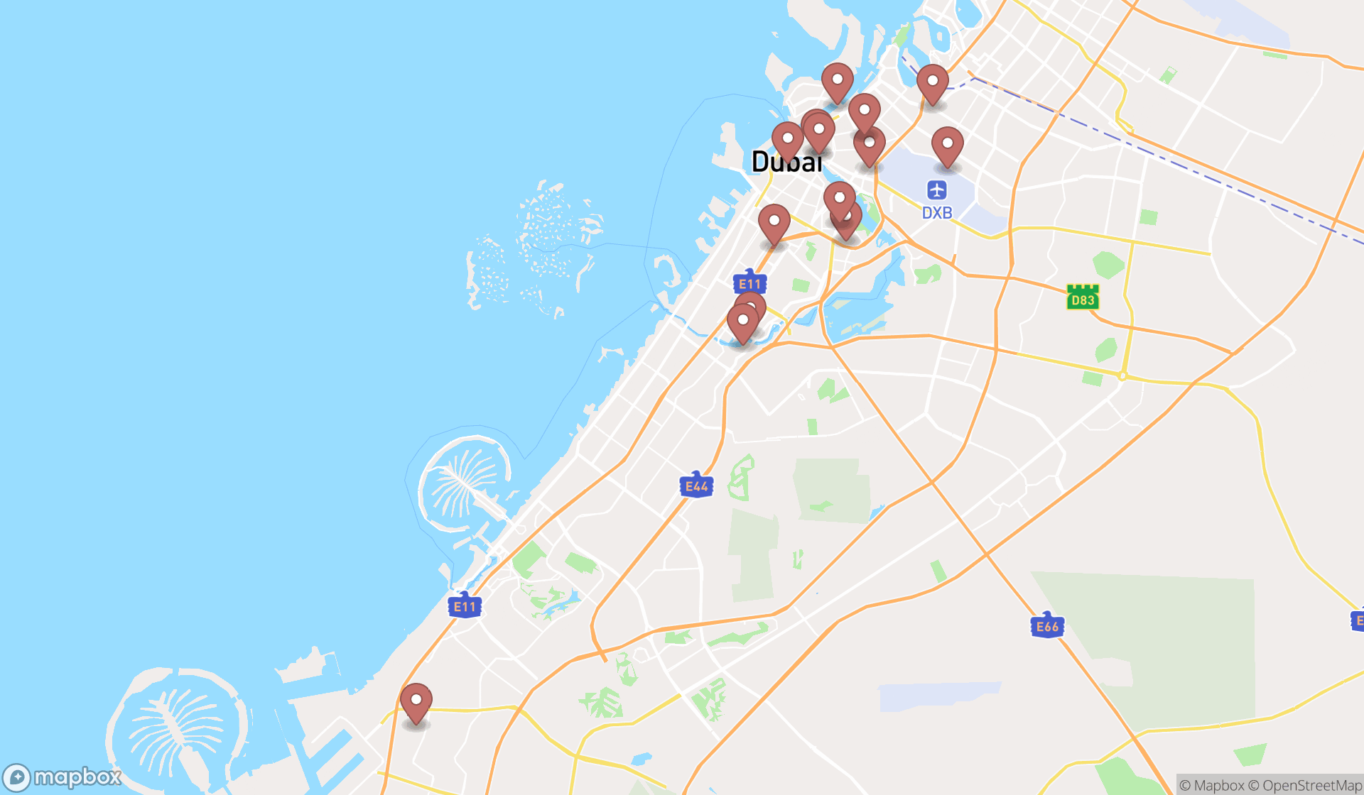 Map showing the search results in Dubai