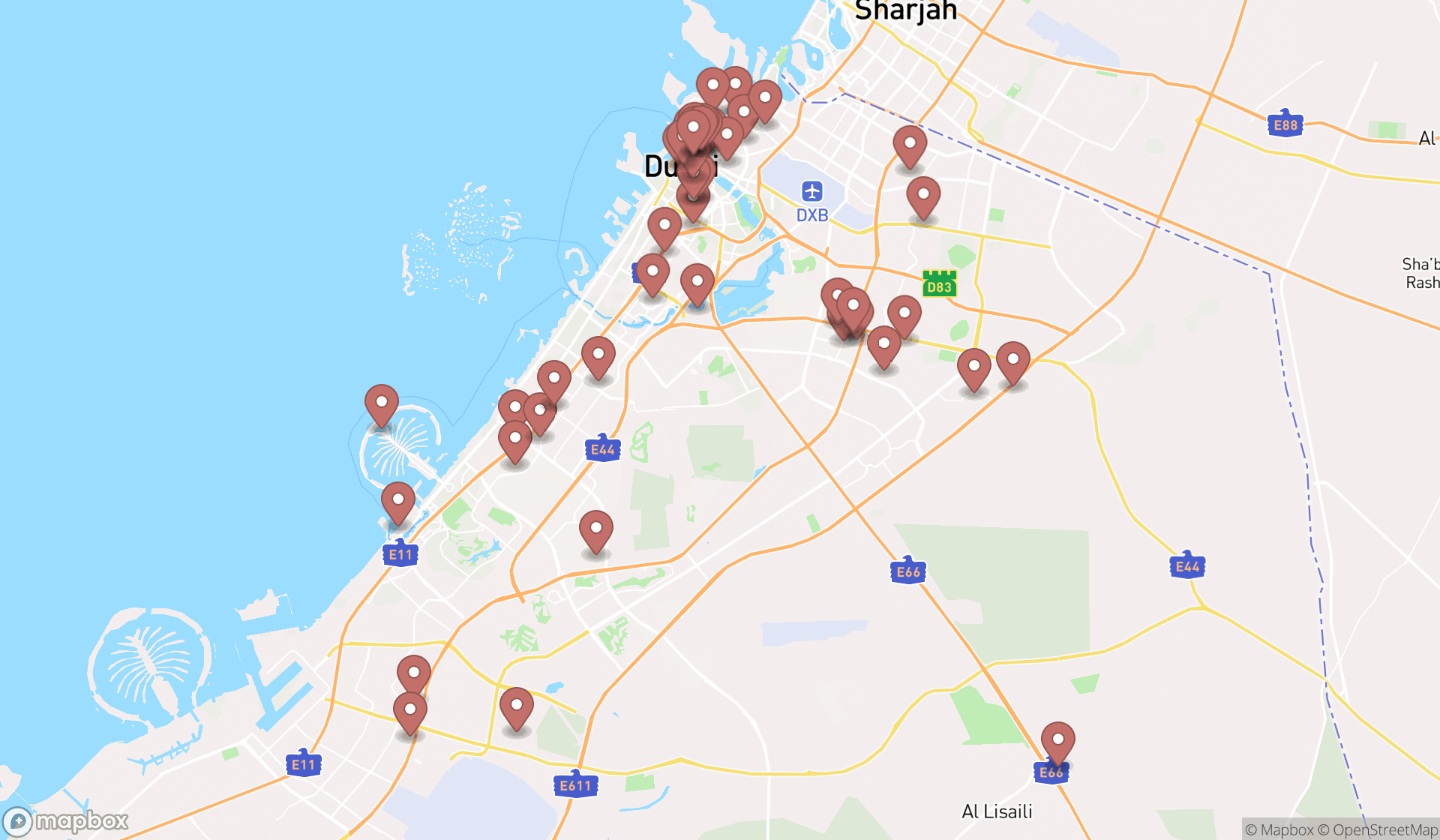 Map showing the search results in Dubai