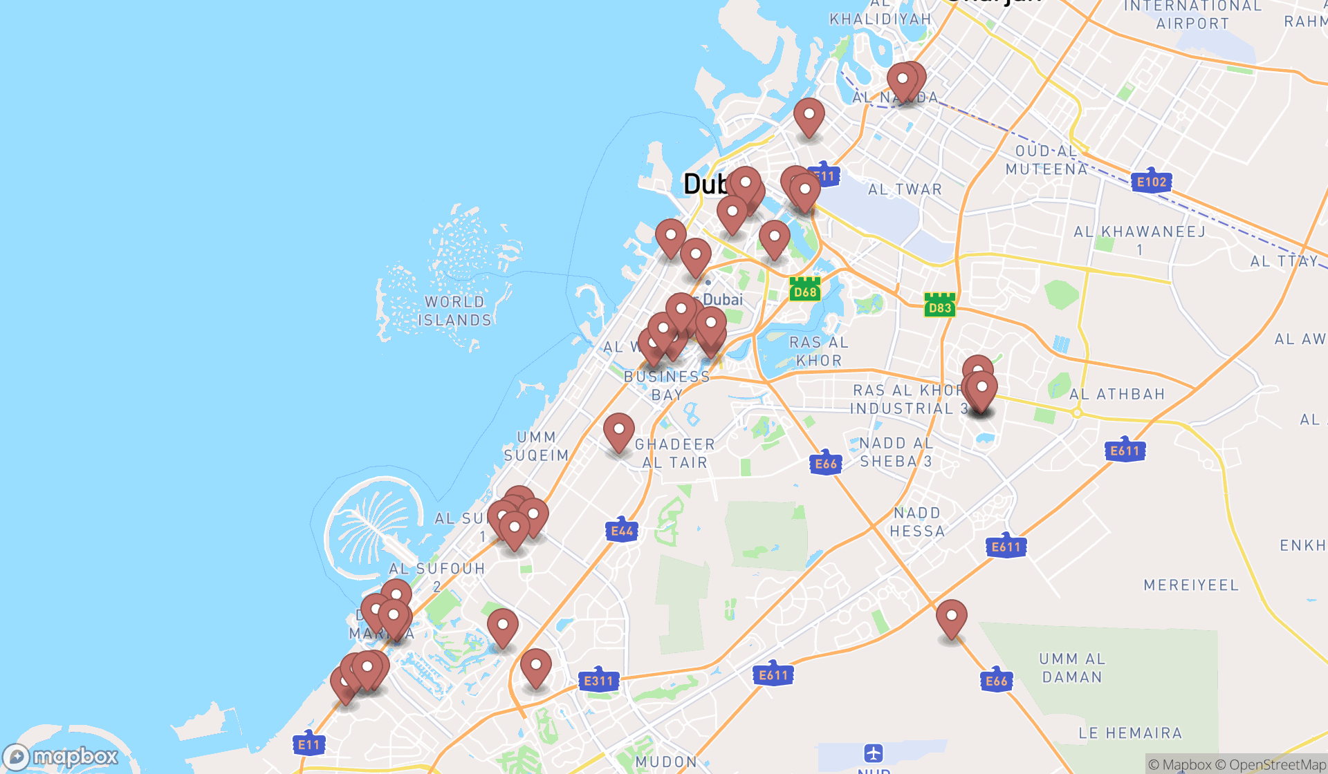 Map showing the search results in Dubai