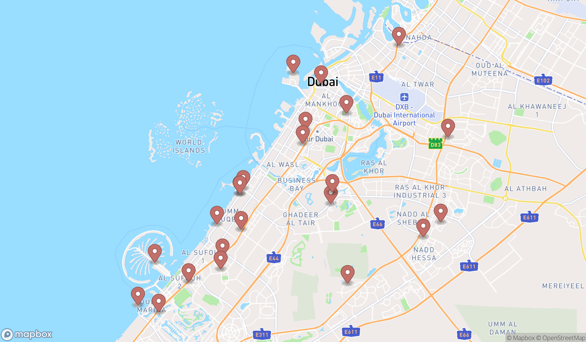 Map showing the search results in Dubai