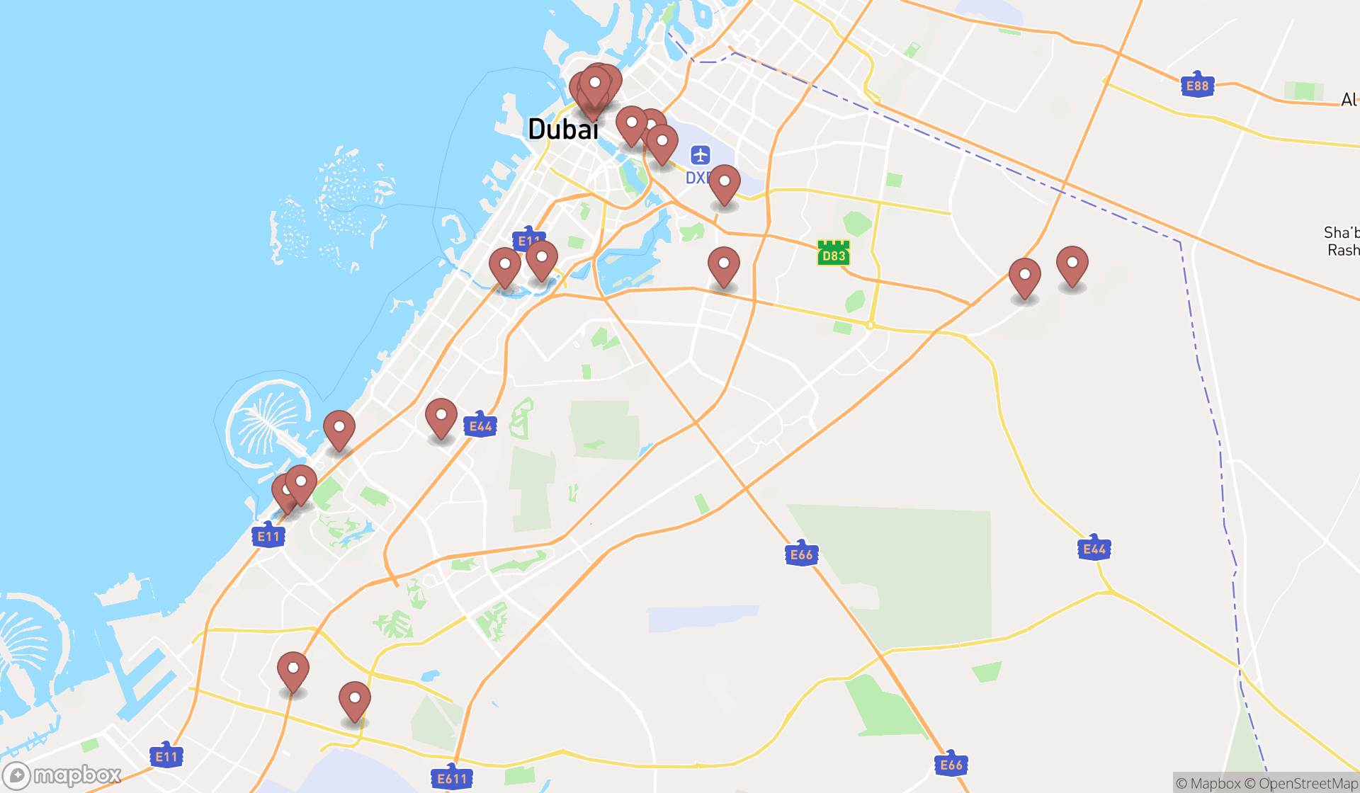 Map showing the search results in Dubai
