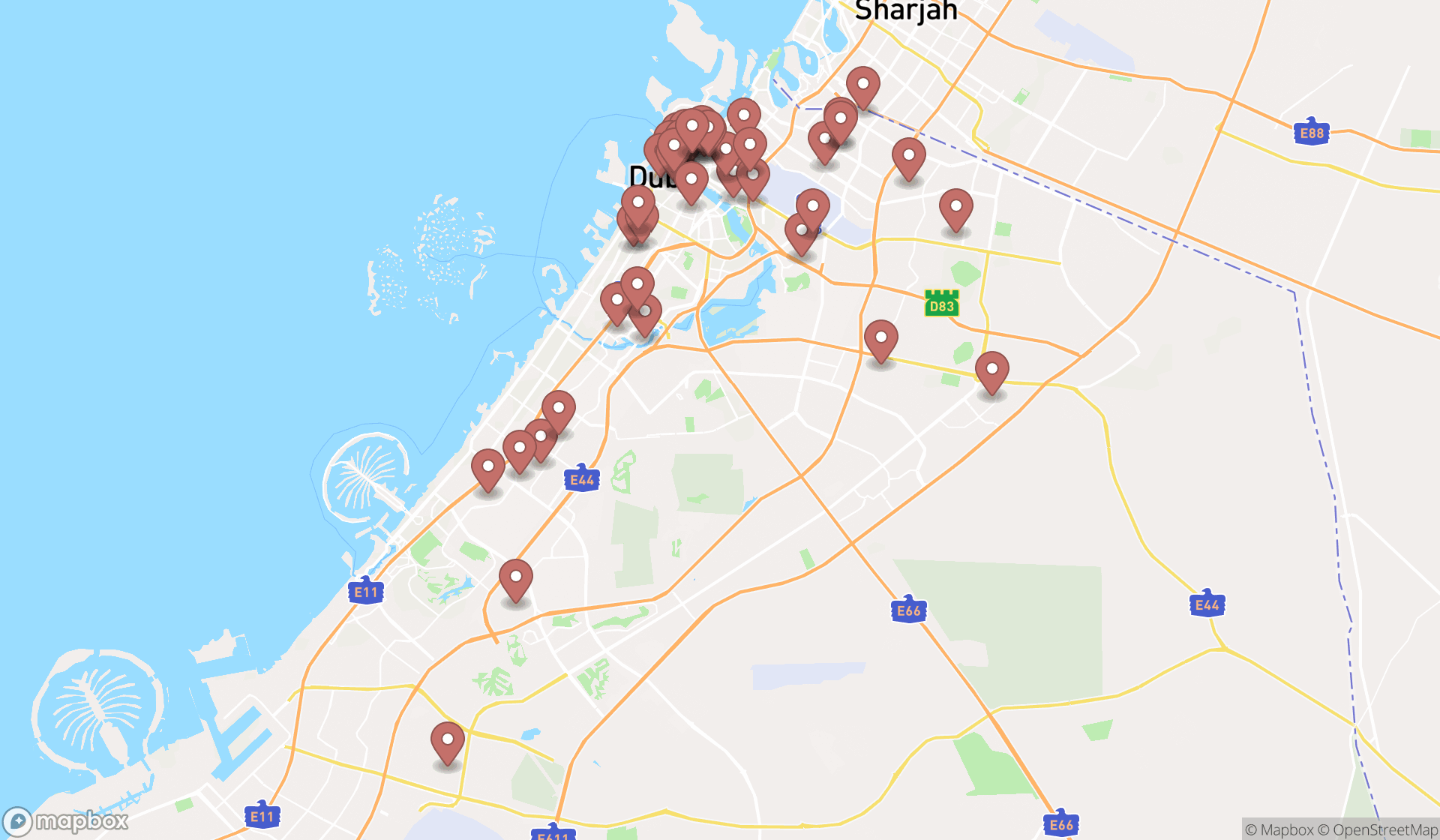 Map showing the search results in Dubai