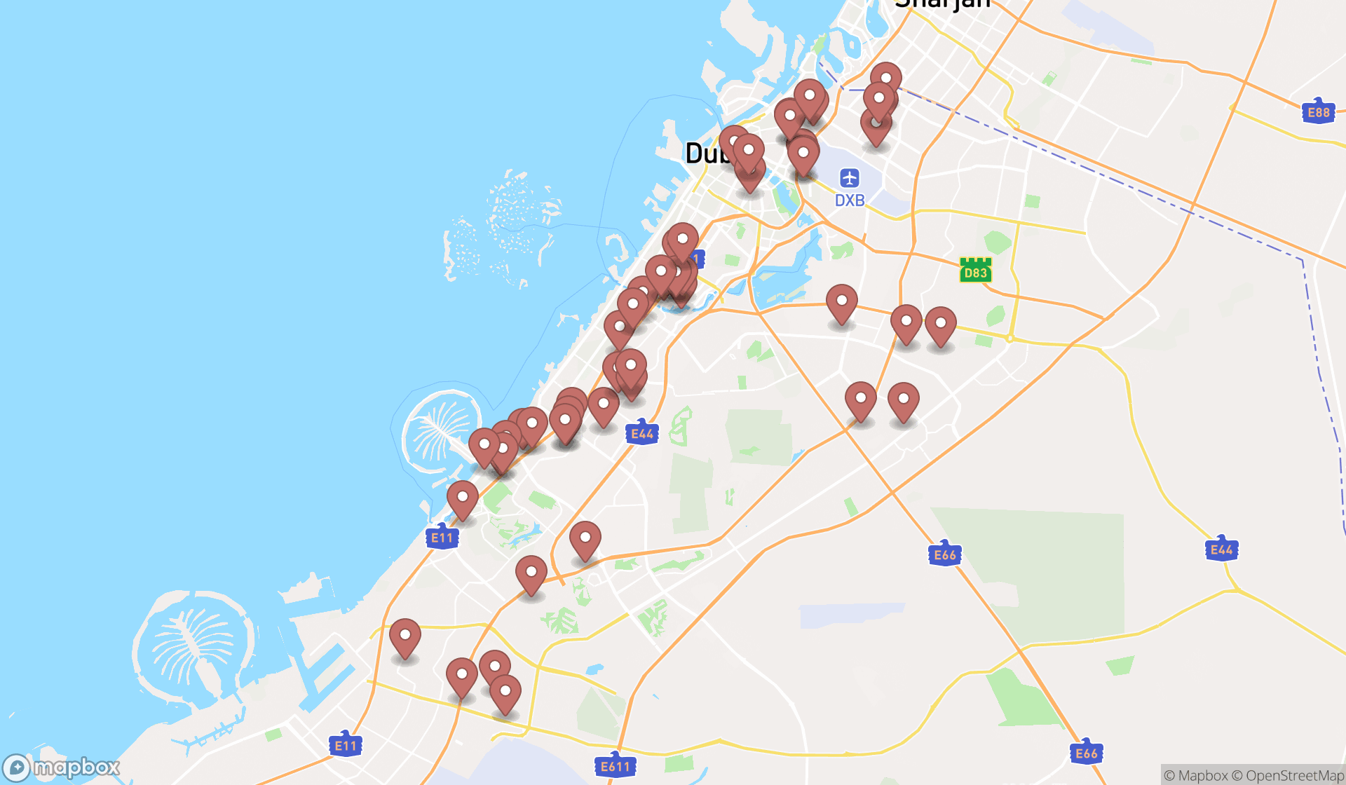 Map showing the search results in Dubai