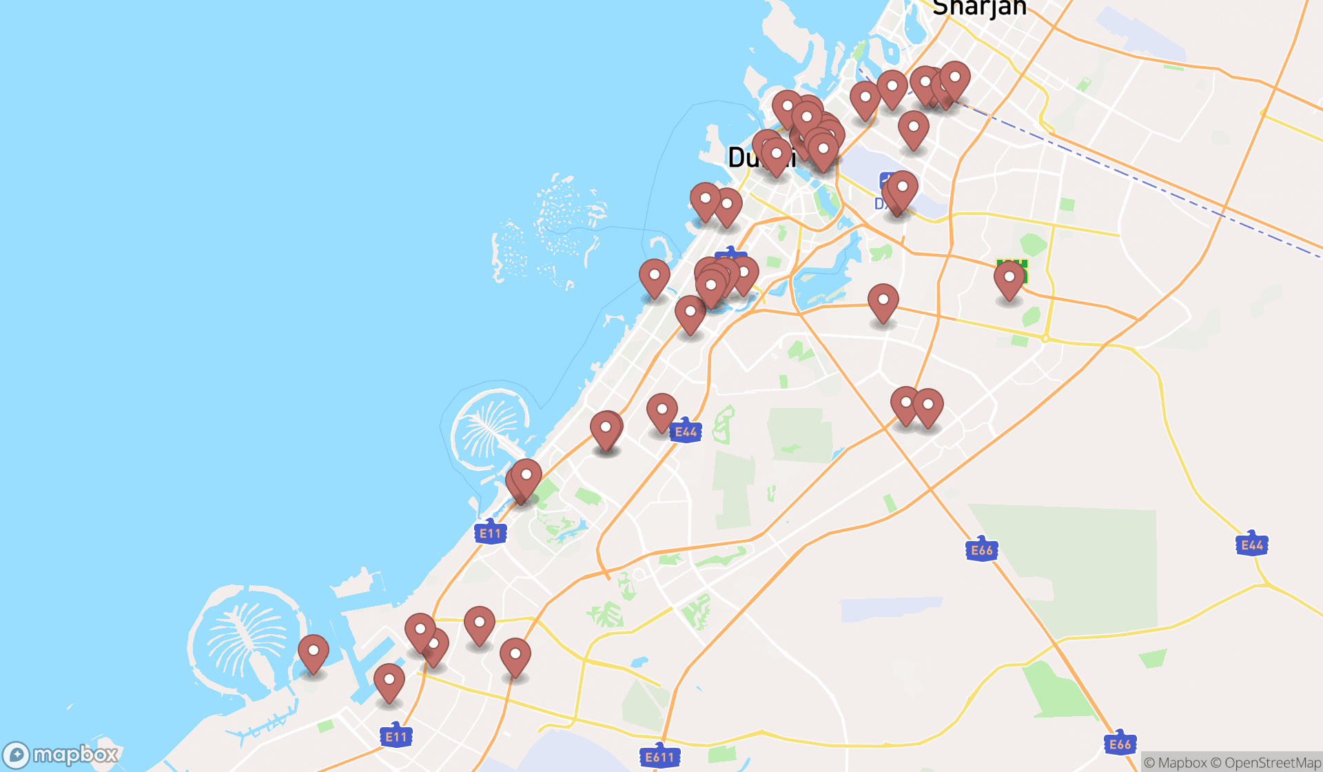 Map showing the search results in Dubai