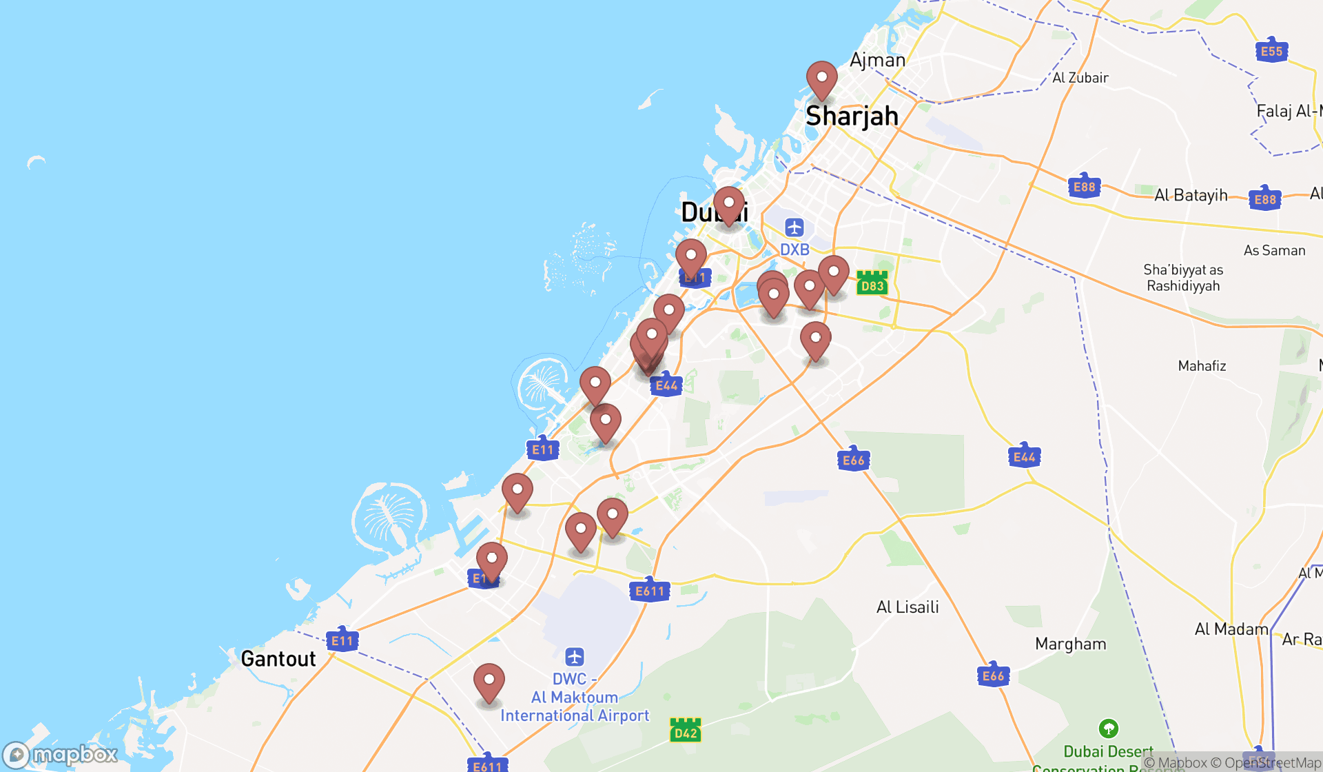 Map showing the search results in Dubai